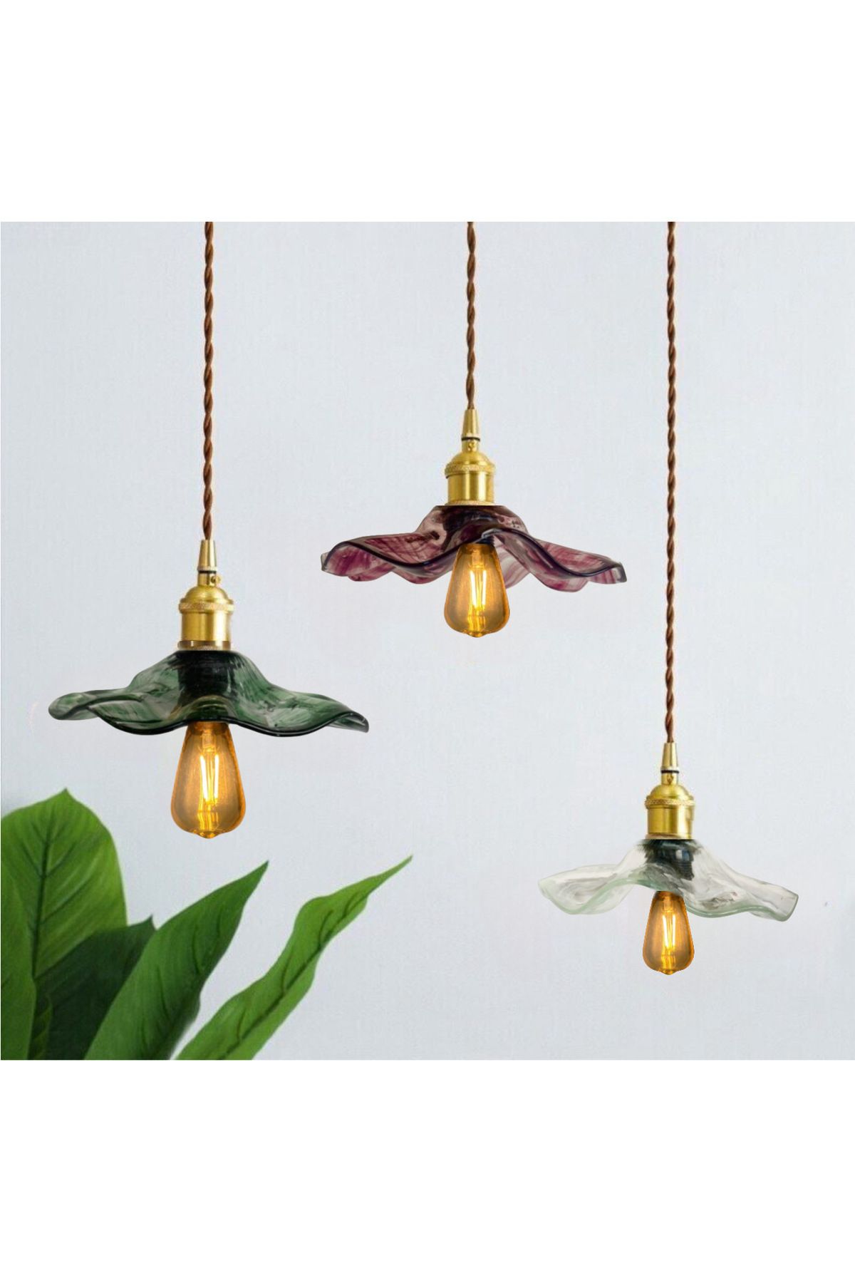 burenze Modern Tasarım Vintage Boheme El Yapımı Karışık Renkli Camlı Üçlü Sarkıt Avize Eskitme Gold