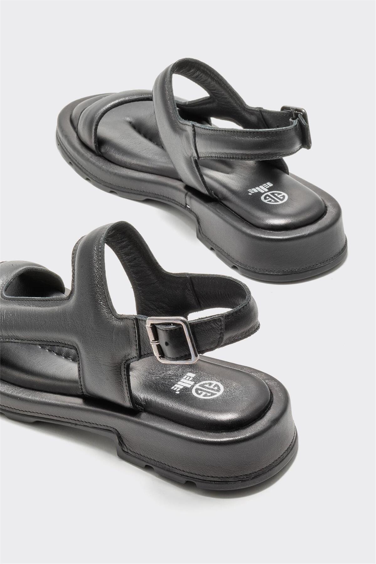 Elle  Siyah Deri Kadın Düz Sandalet - Görsel 4