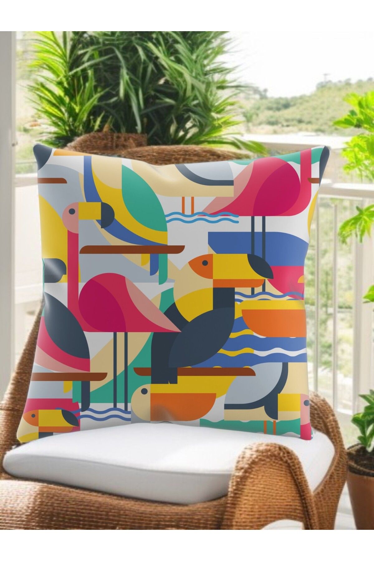 ASDİVA SMR Soyut Tropikal Kuş Desenli Modern Kırlent Dekoratif Yastık Soft Renkli 43x43