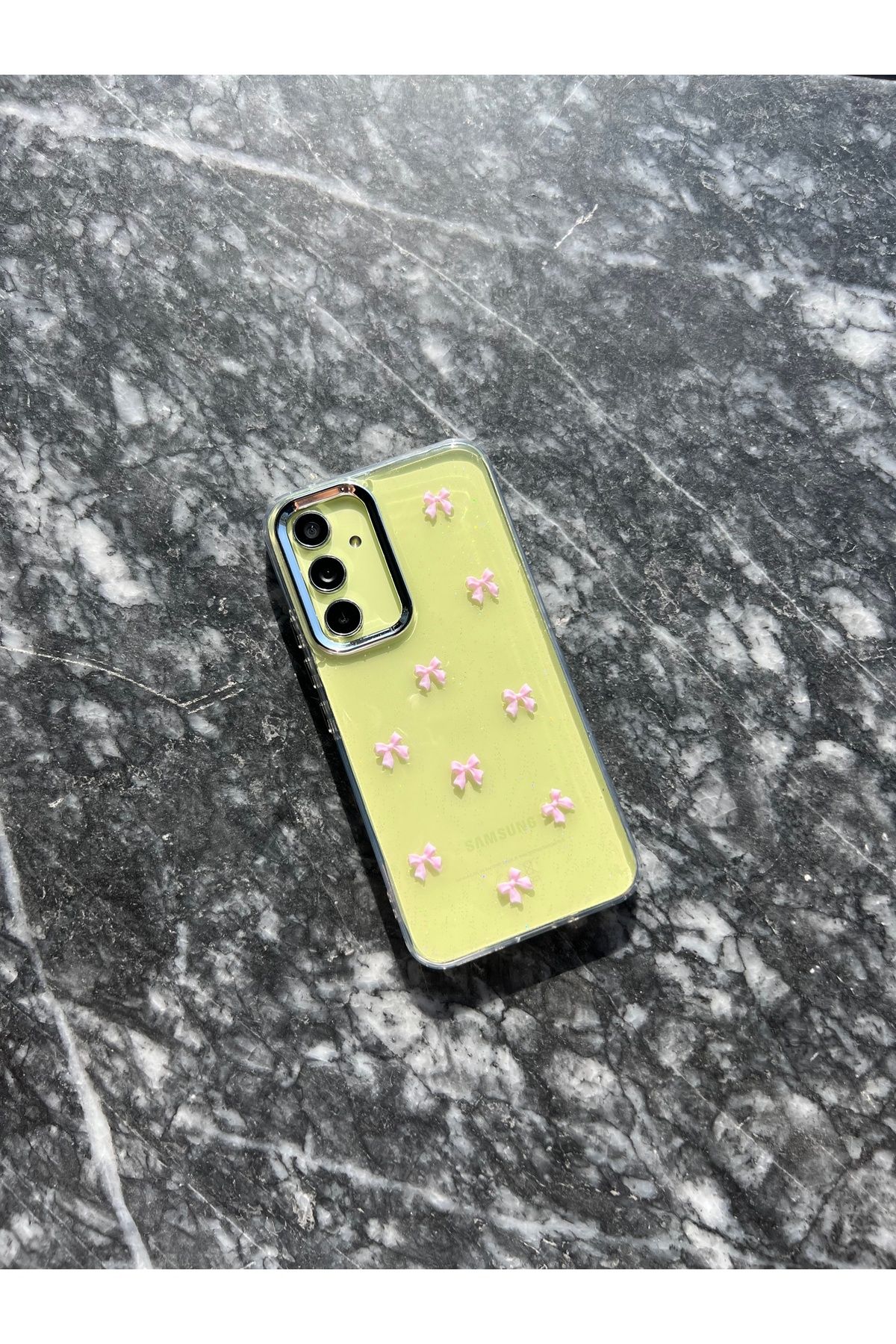 MustCase Samsung Galaxy A54 Kılıf Pembe Fiyonk Desenli Şeffaf Kılıf Simli Parlak Kapak