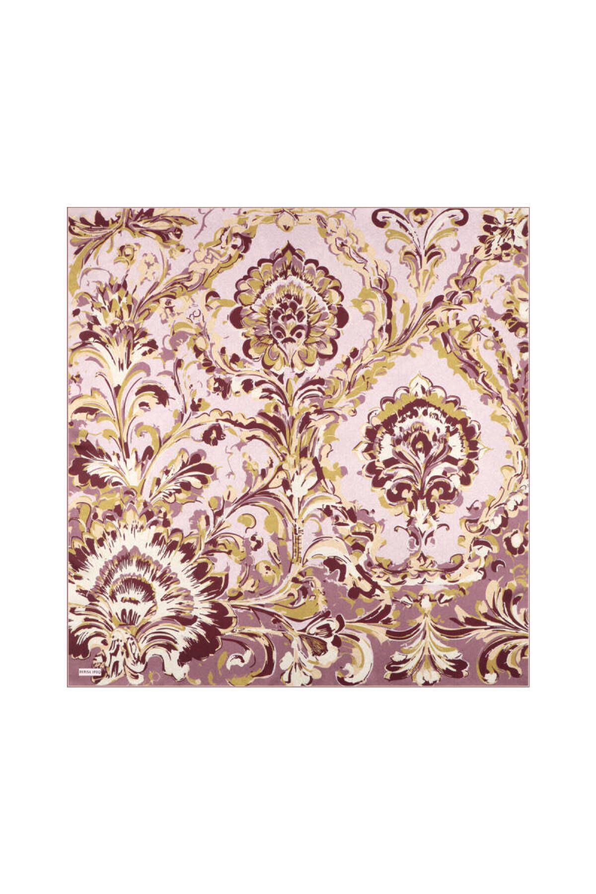 Bursa İpek Mürdüm Flower Desen Twill İpek Eşarp