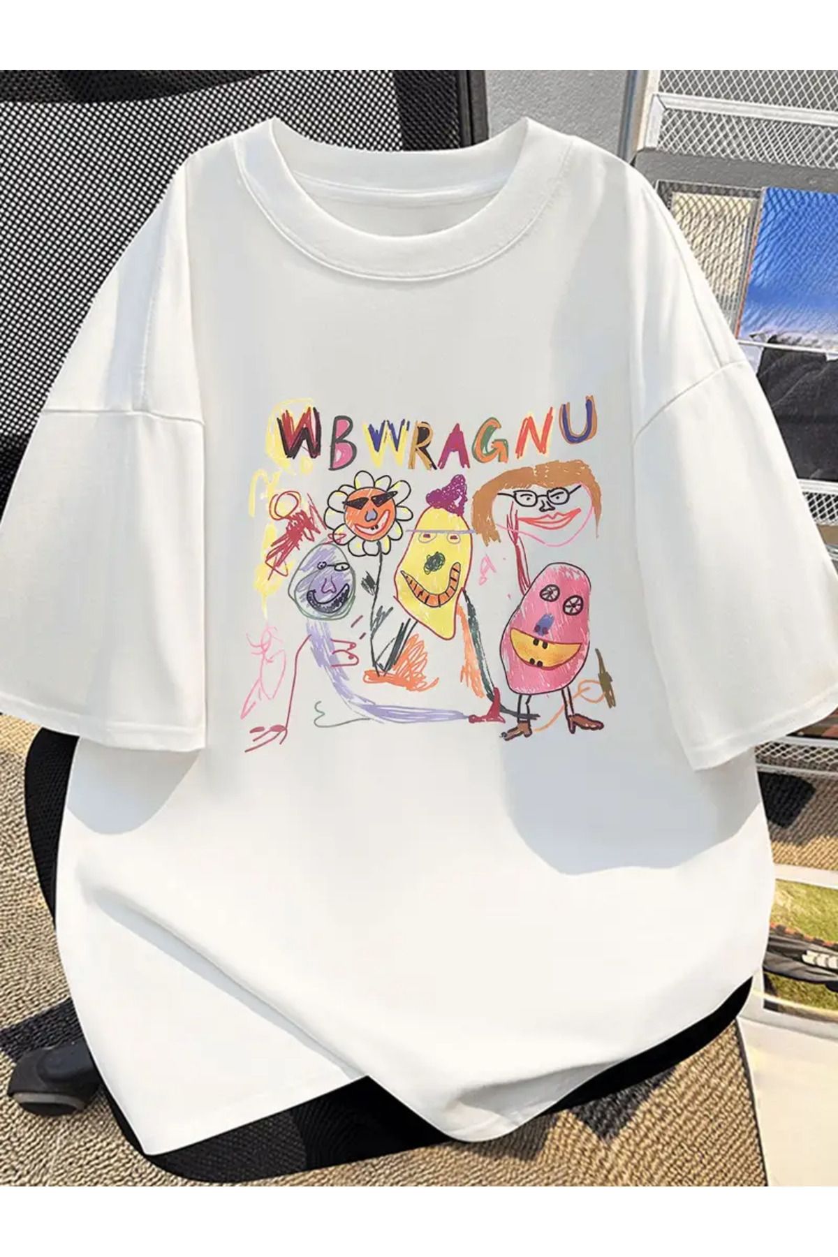 Touz Moda Colorful Hand-Drawn Baskılı Unisex Oversize T-shirt