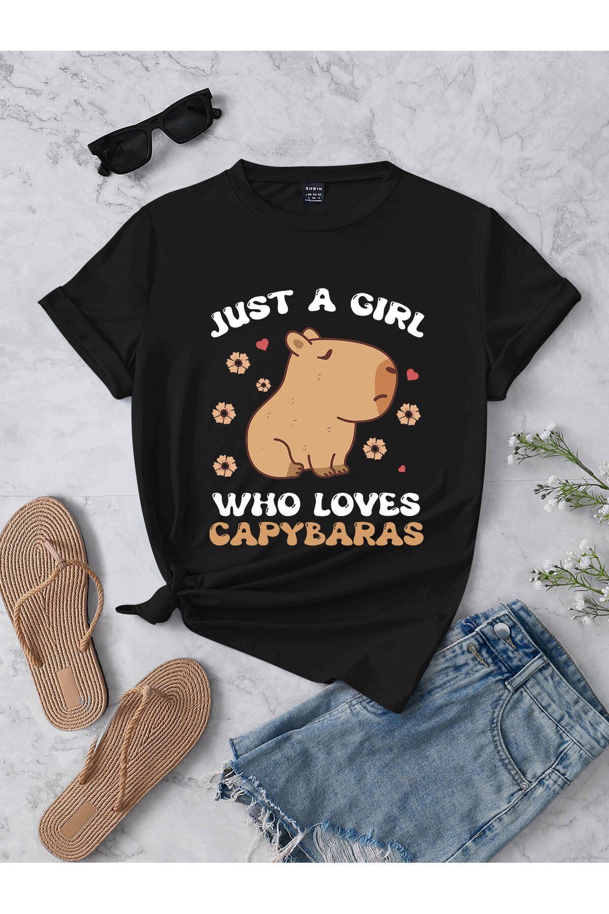 aynewmoda Kadın Günlük Tişörtü Grafik Baskılı "I Love Capybara"