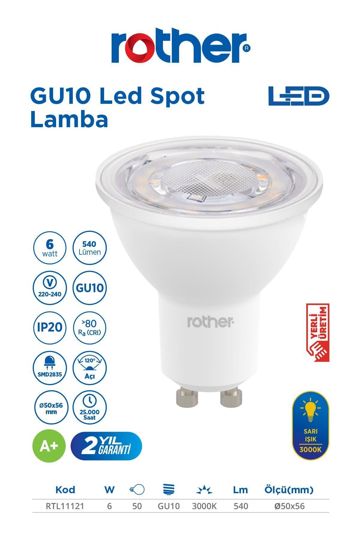 Rother ''RTL11121 Rother GU10 LED Spot Ampul 6W 540 Lümen 3000K Sarı Işık - Enerji Tasarruflu Ampul