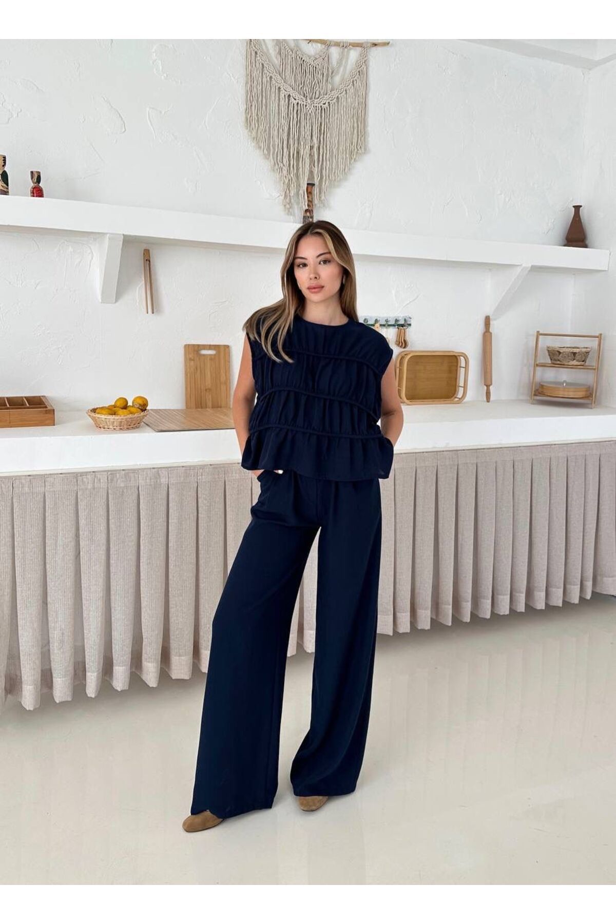 MODA Lacivert Büzgülü İkili Keten Takım