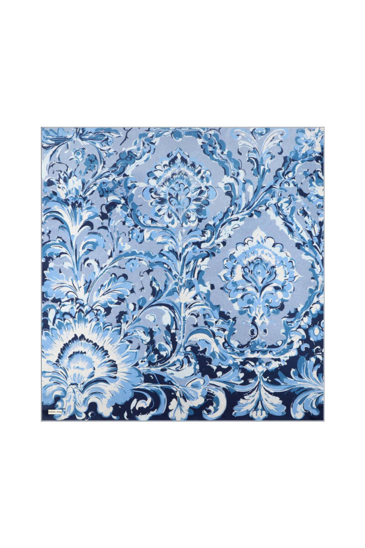Bursa İpek Lacivert Flower Desen Twill İpek Eşarp