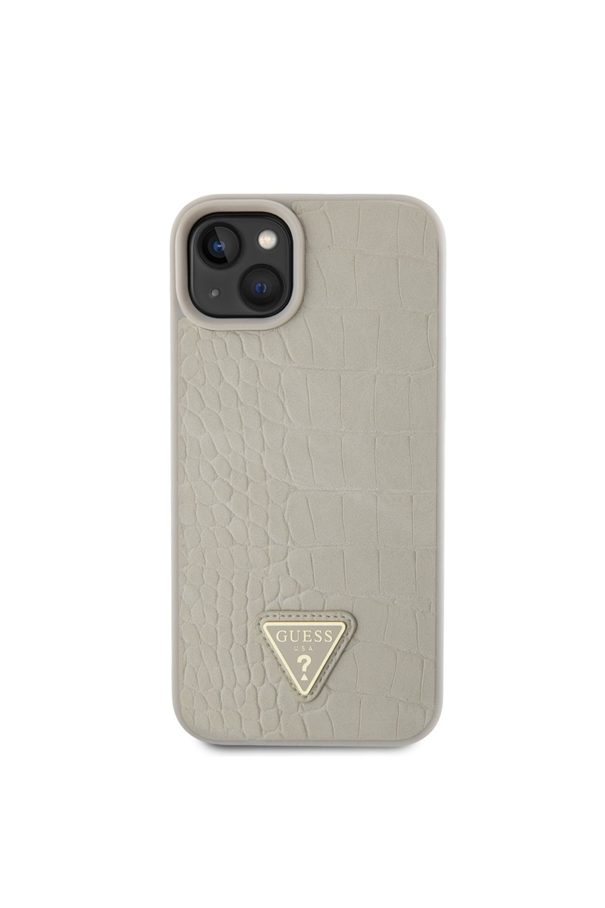 Guess-Case for iPhone 15 - Guess Croco Triangle Metal Logo (GUHCP15SPCRTHCD) - Gold 3