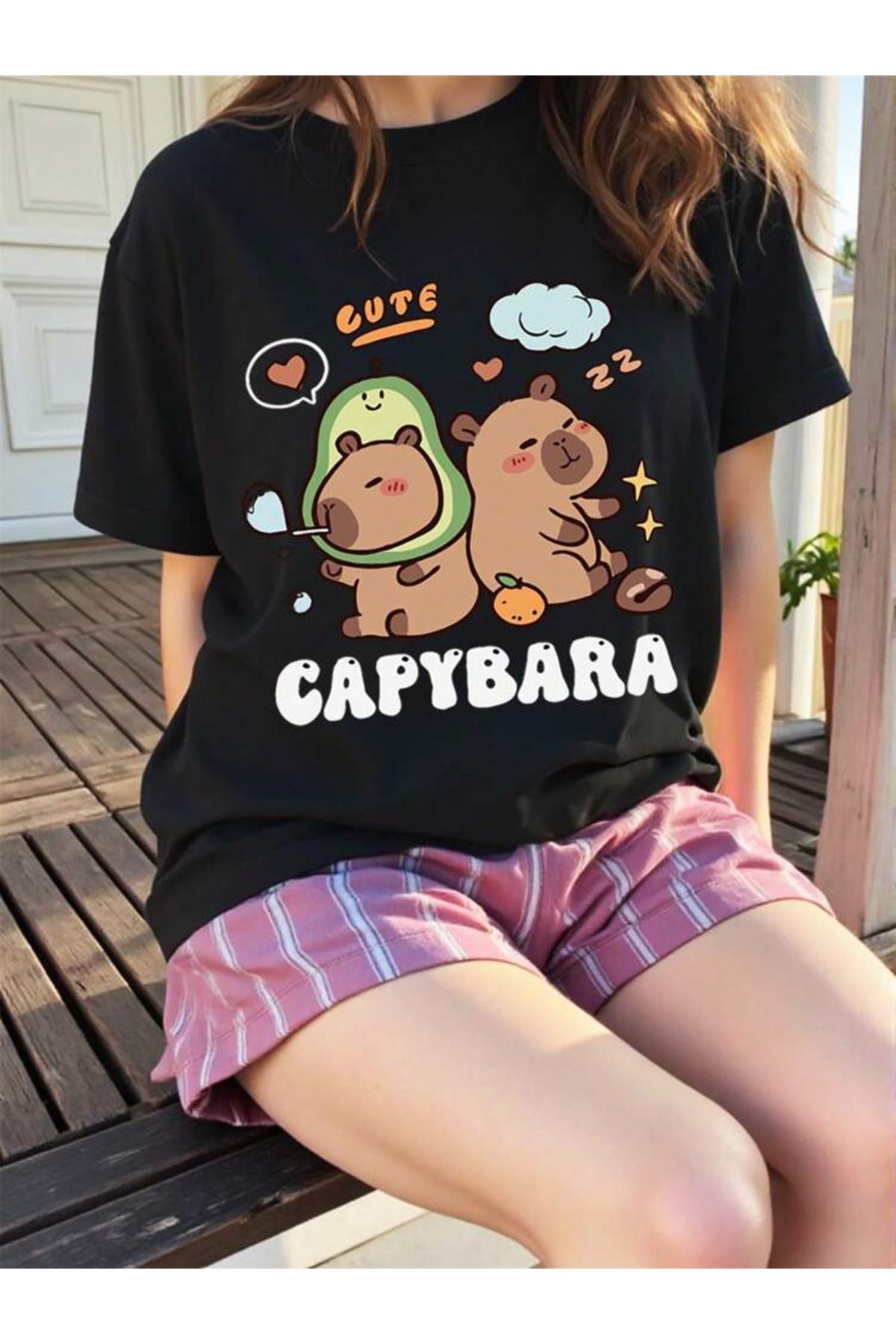 aynewmoda Capybara Baskılı Kısa Kollu Tişört Rahat ve Bol Yaz Stili Hayvan Tasarımı