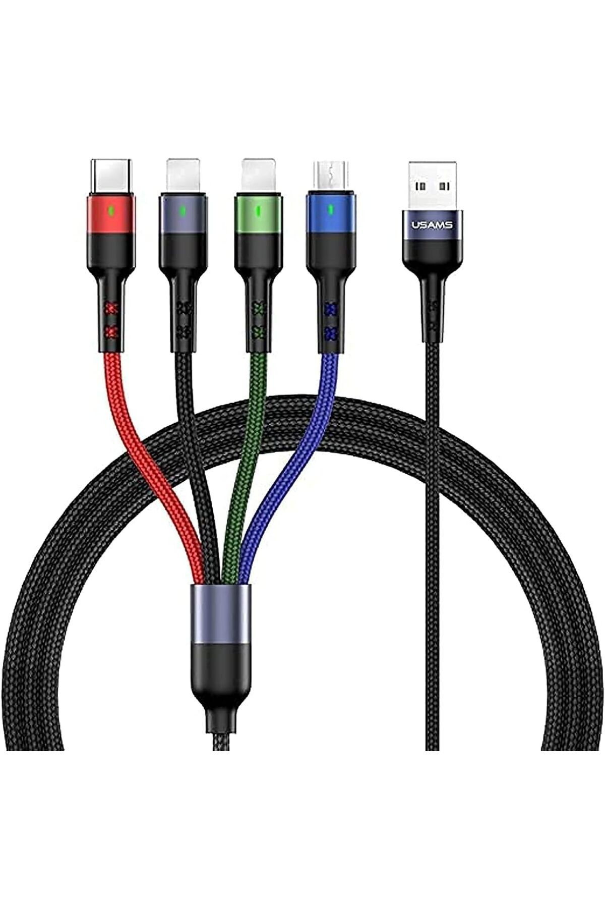 STOREMAX EMN US-SJ317 4in1 2*Lightning 1*Type-C 1*Micro Uçlu 1.2m 2A Örgülü Renkli Şarj ve Data Kablosu