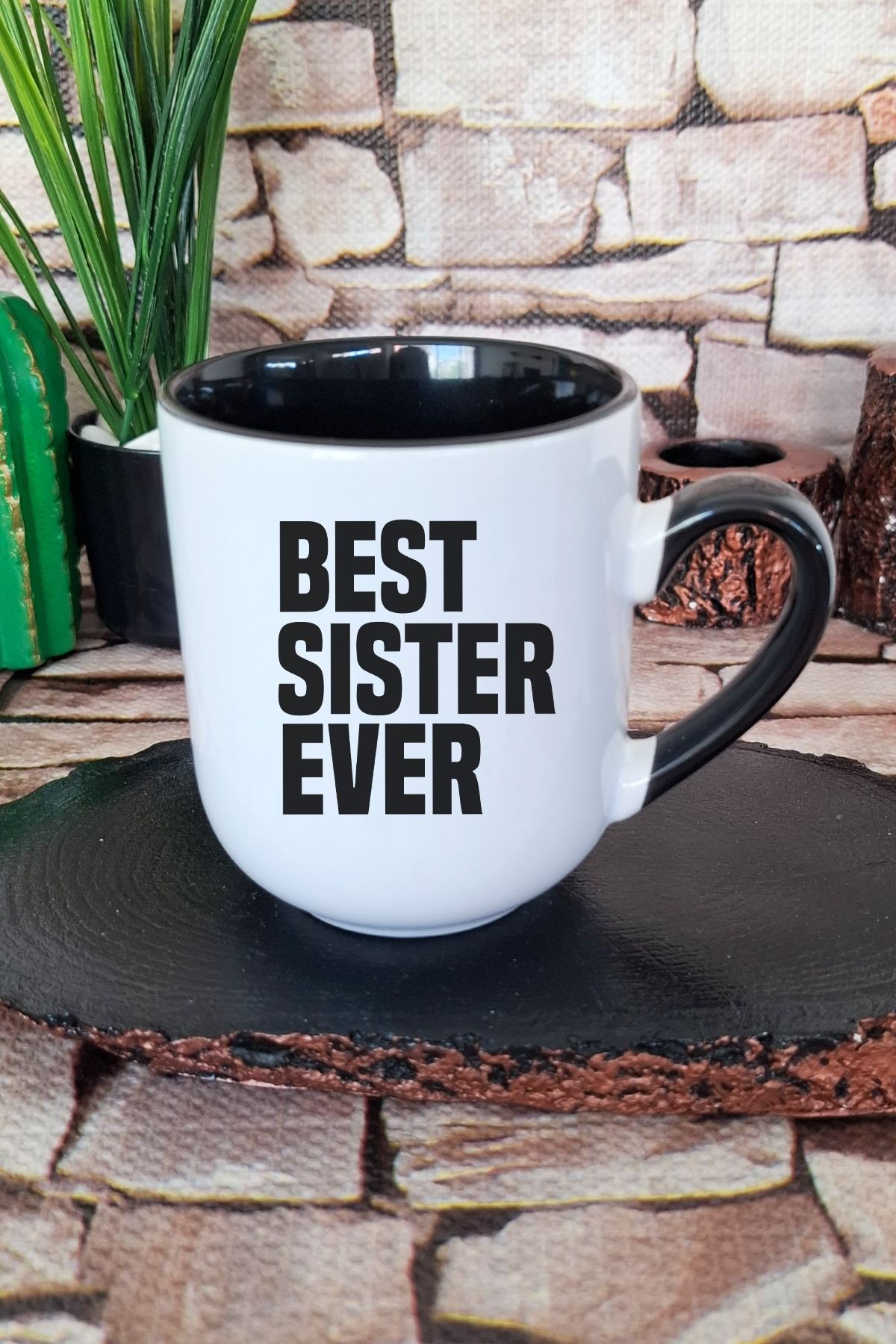 qoeuyl boutique Best Sister Ever Abla Kız Kardeş Baskılı İçi ve Kulpu Siyah Renkli Premium Kupa Bardak