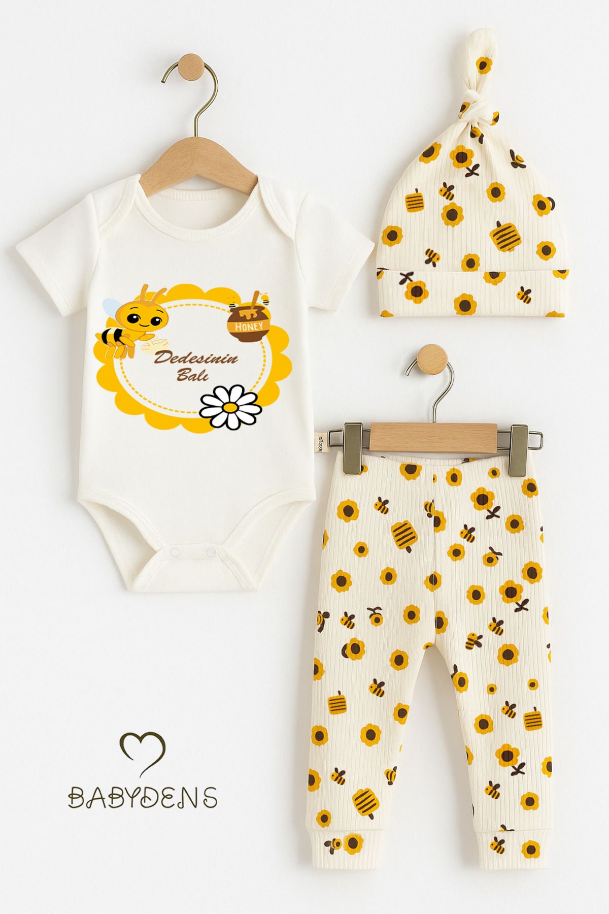 BABYDEN'S Dedesinin Balı Yazılı 3’lü Yenidoğan Bebek Takımı Kısa Kollu Çıtçıtlı Body,Arı Desenli Pantolon,Bere