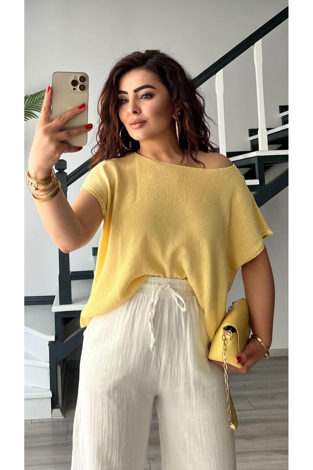 Oslove Sarı Kayık Yaka Merserize Bluz