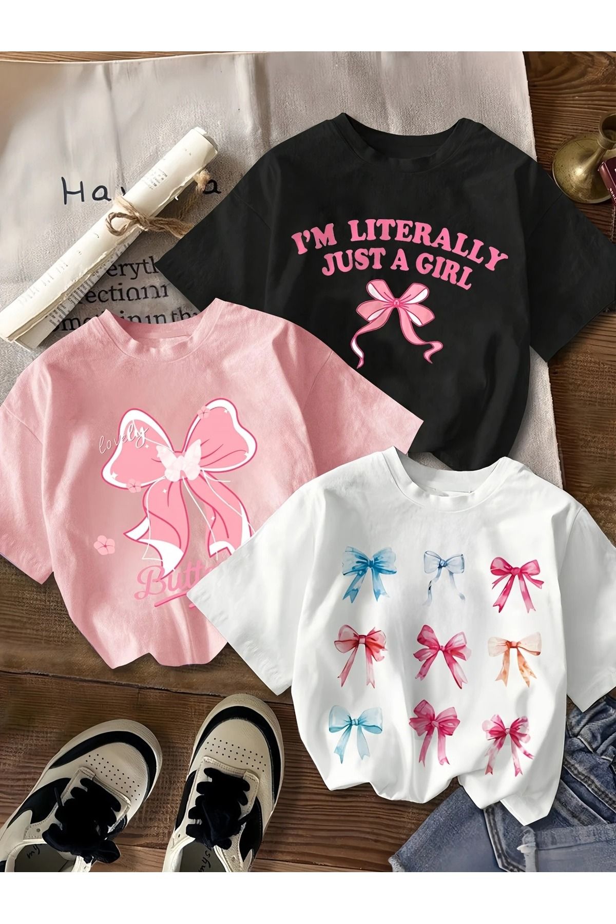 Renna Mood Kız Çocuk 3`lü Paket Lovely Butterfly Baskılı Penye T-shirt