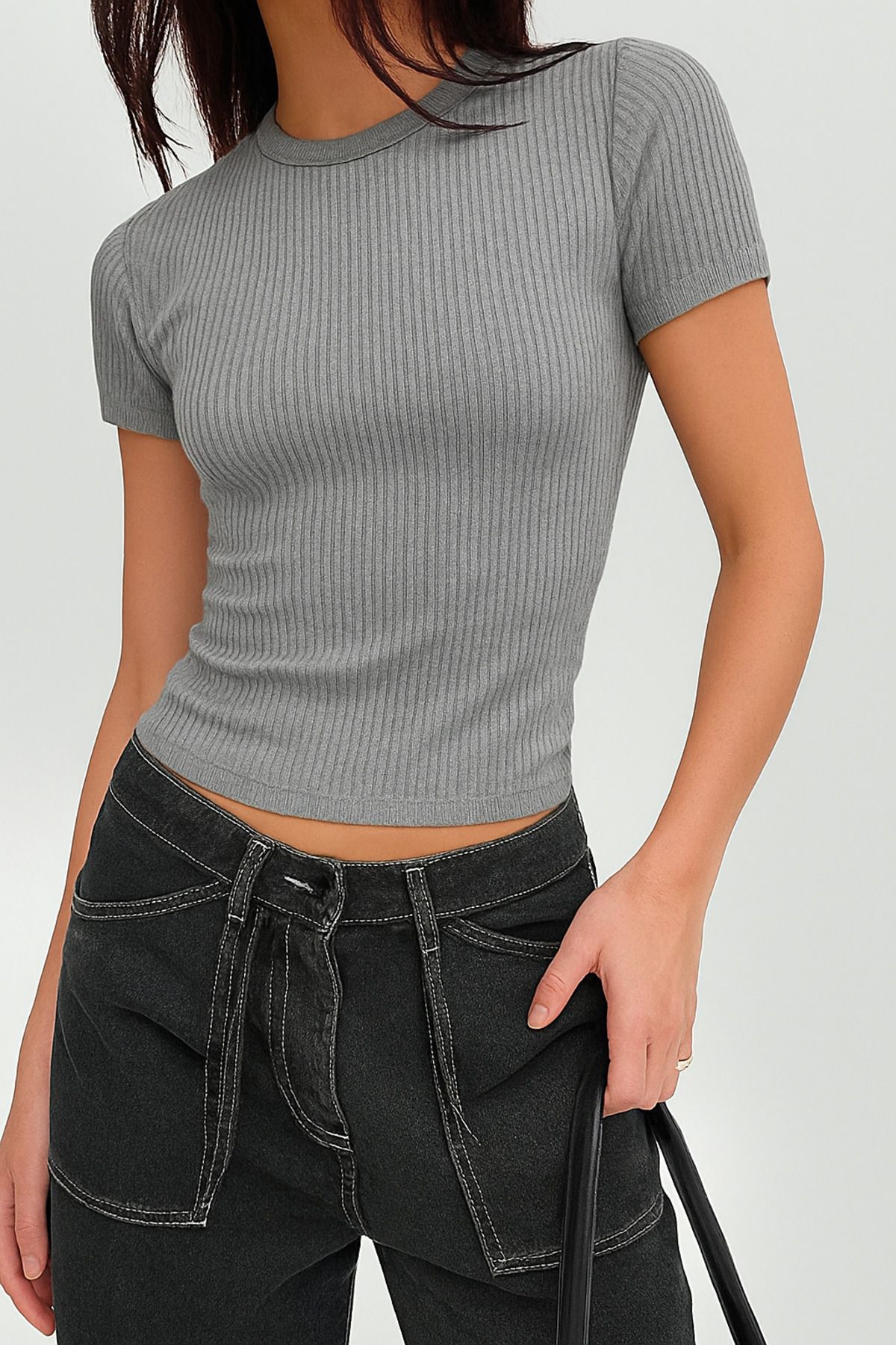 ÖZ PAMUK Kadın Fitilli Pamuklu Bisiklet Yaka Crop Değildir Örme Kaşkorse Uzun T-shirt
