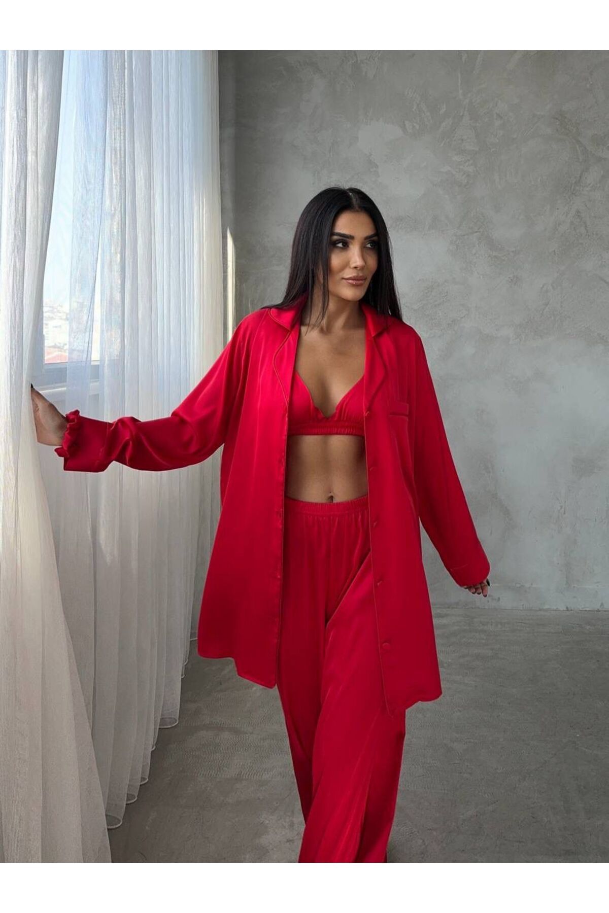adenna 3lü saten pijama sabahlık takımı