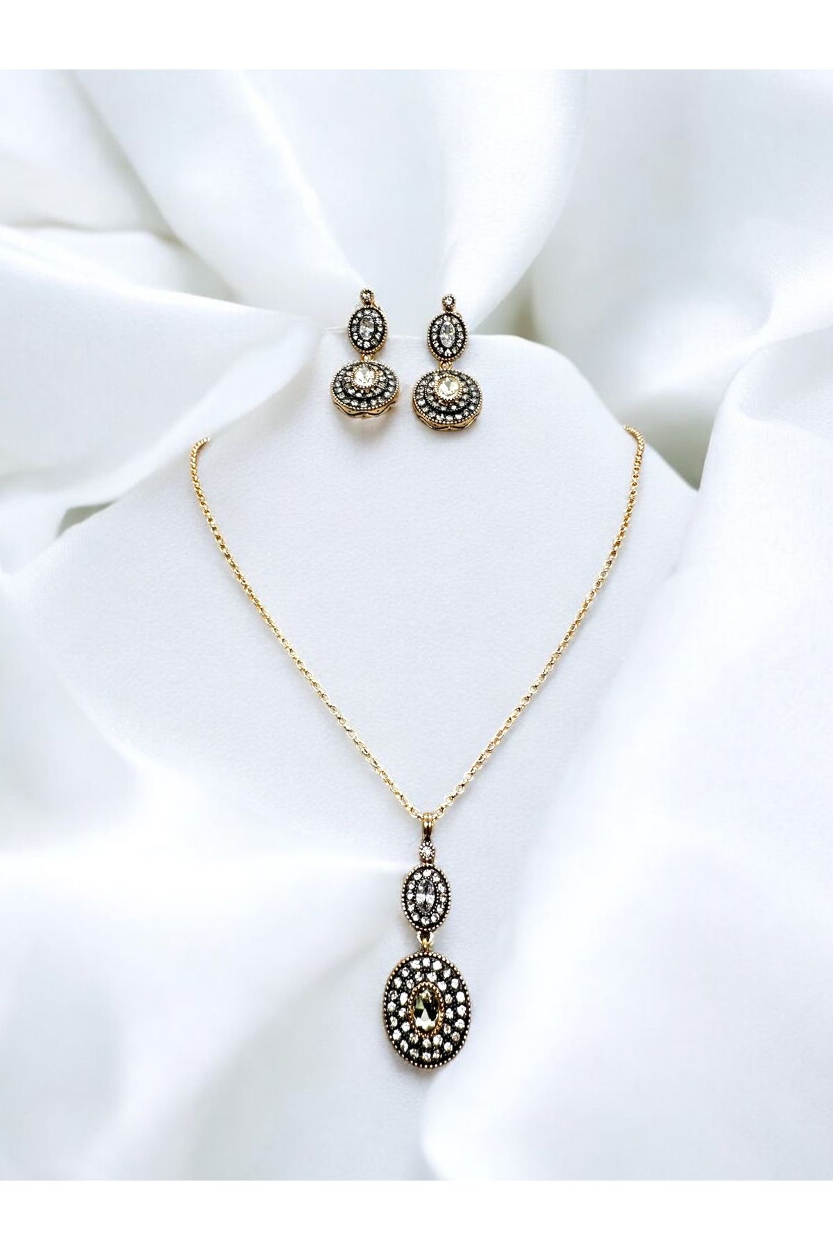 FUYA JEWELLERY Zirkon Taşlı İkili Oval Kolye, Küpe Set