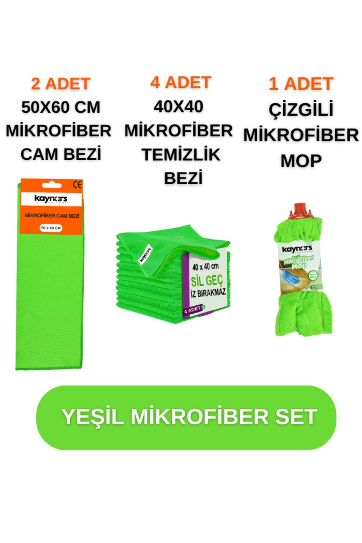 teknotrust Yeşil 3'lü Mikrofiber Temizlik Seti Cam Bezi, Bez ve Mop Paket