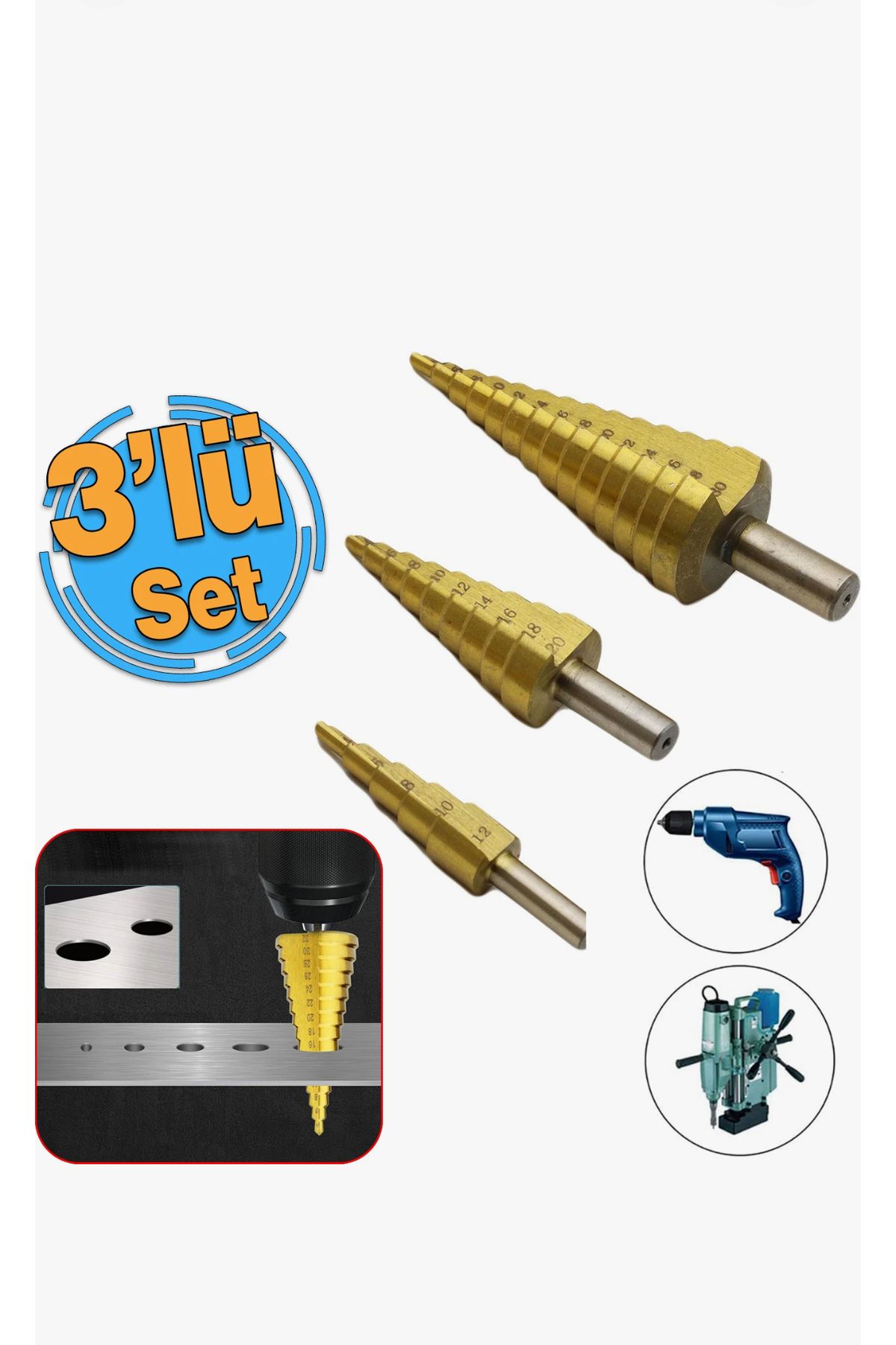 Real Özs 3 Parça Kademeli Metal Delme Matkap Ucu Seti 4-12 mm, 4-20 mm, 4-32 mm