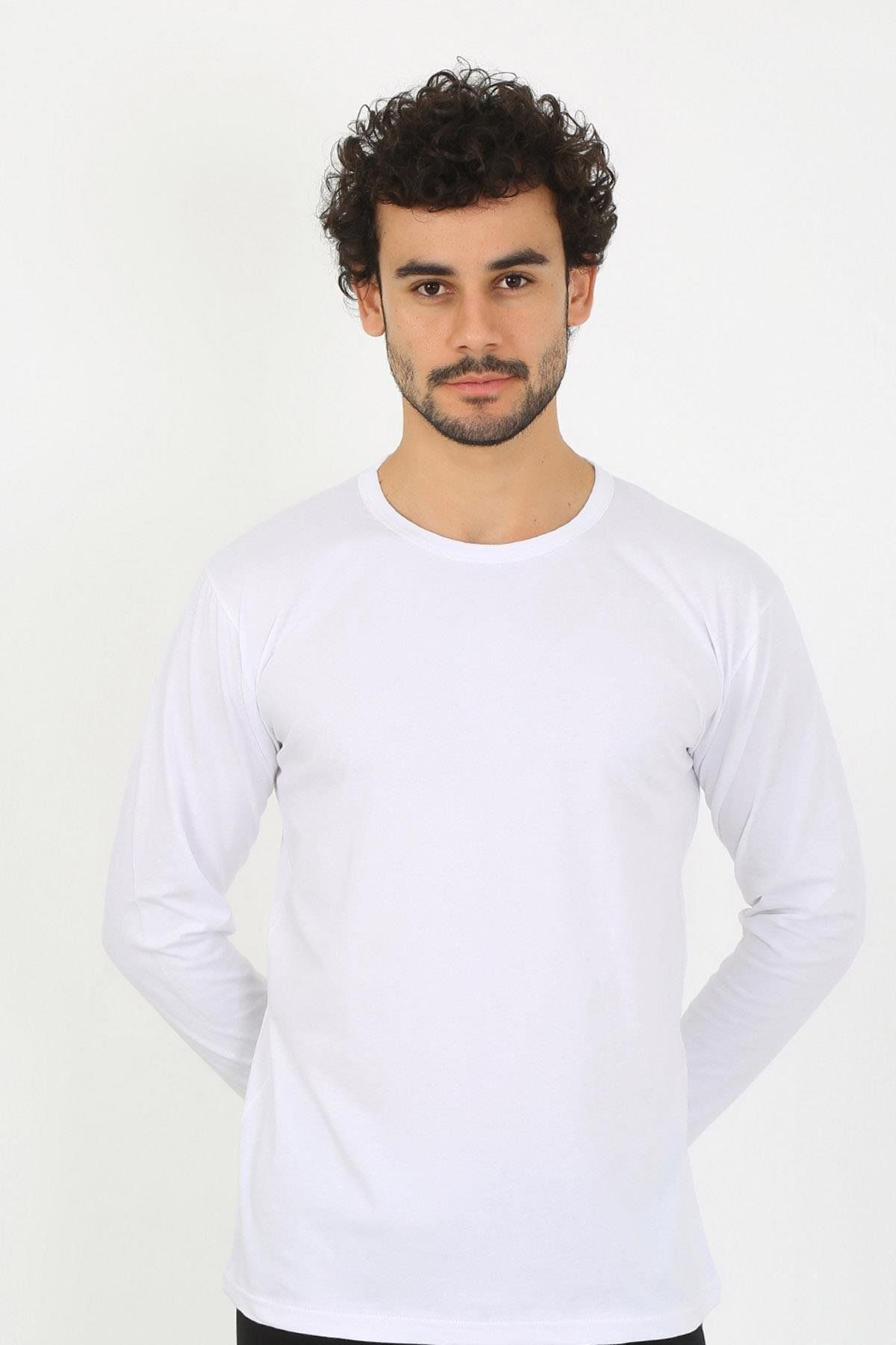PuShe Moda Çizgi Erkek Sıfır Yaka Uzun Kol Beyaz Fanila 6590