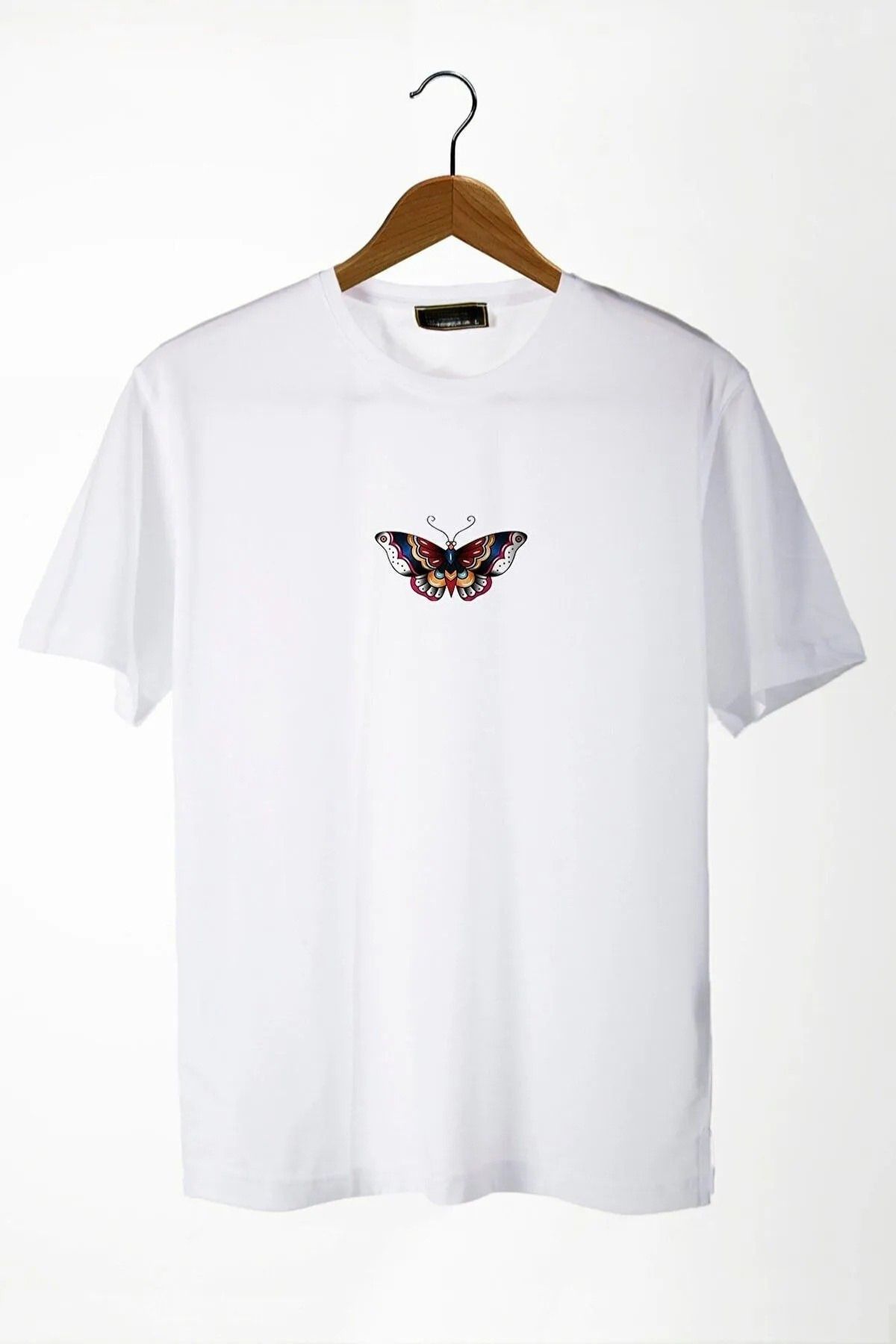 Wish BF rkek Beyaz Bisiklet Yaka Önü Kelebek Baskılı Oversize T-shirt