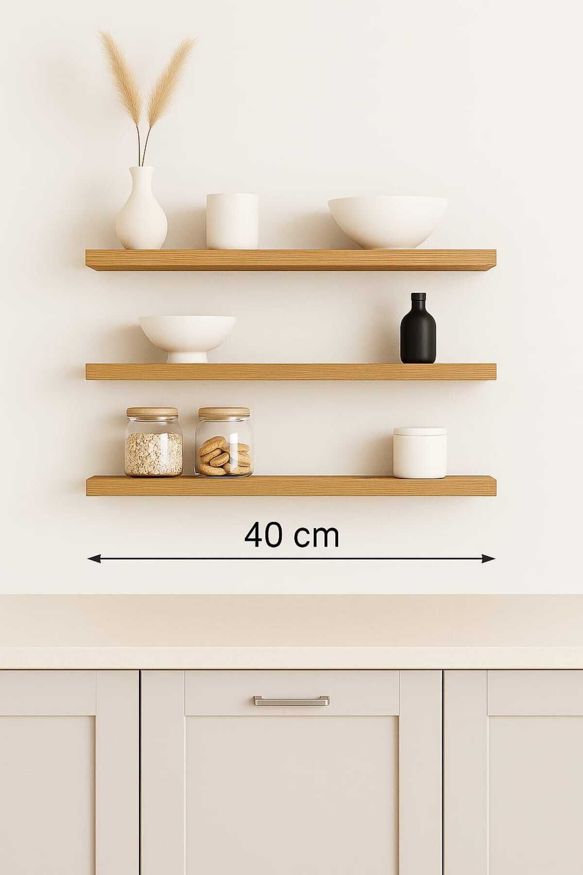 yankı-byeg 40 Cm 3lü Safir Meşe Mdf Uçan Duvar Rafı Gizli Bağlantı Kitaplık