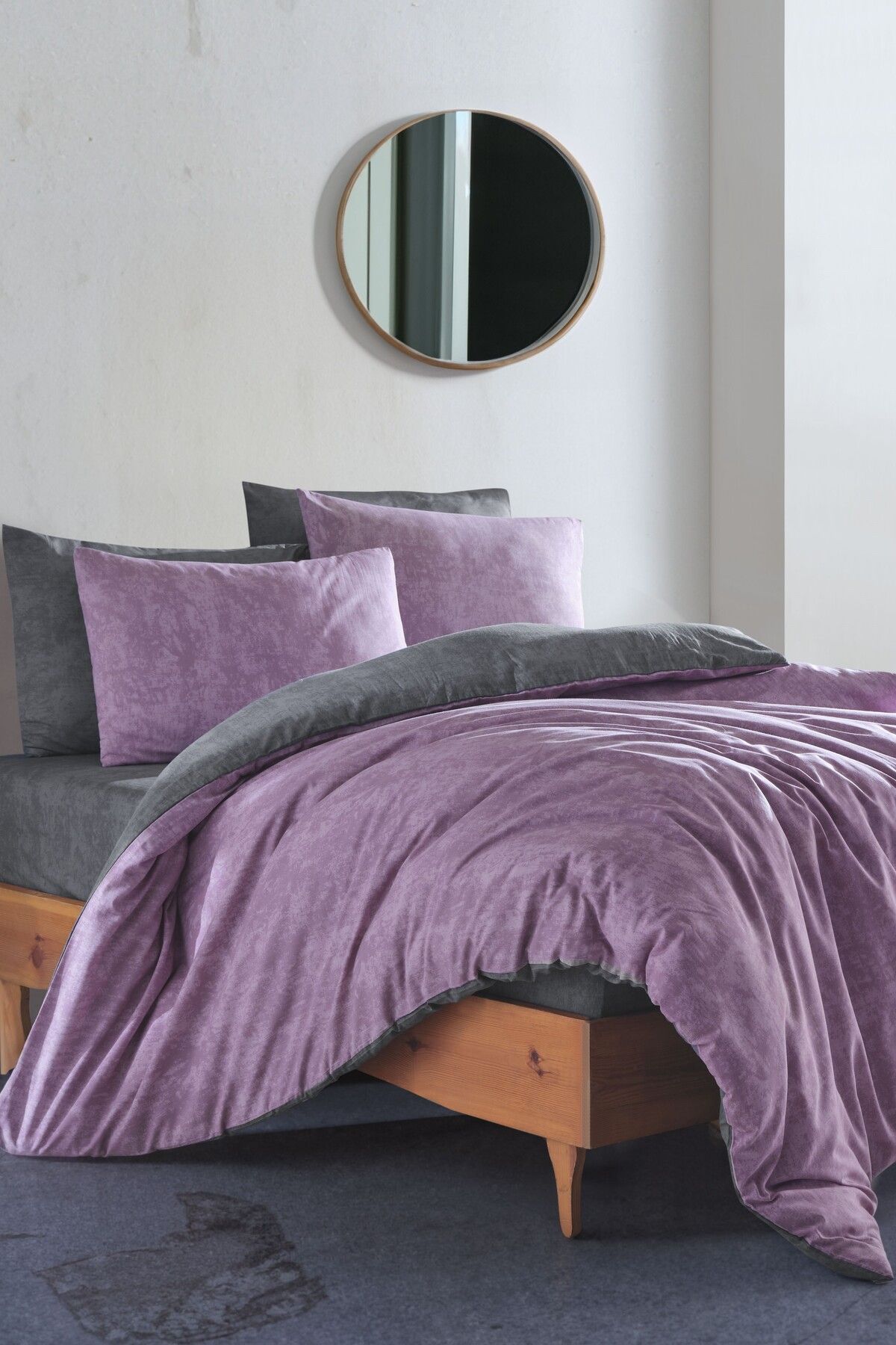 GARDEN ROOM Çift Kişilik Nevresim Takımı Lastikli Çarşaflı Gölge MÜRDÜM