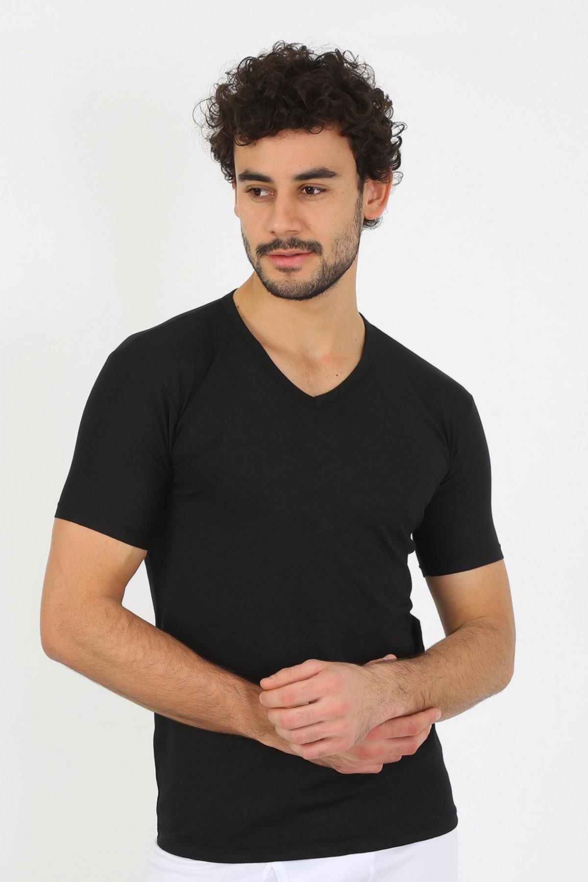 PuShe moda çizgi Erkek Likralı V Yaka Siyah T-Shirt 65700