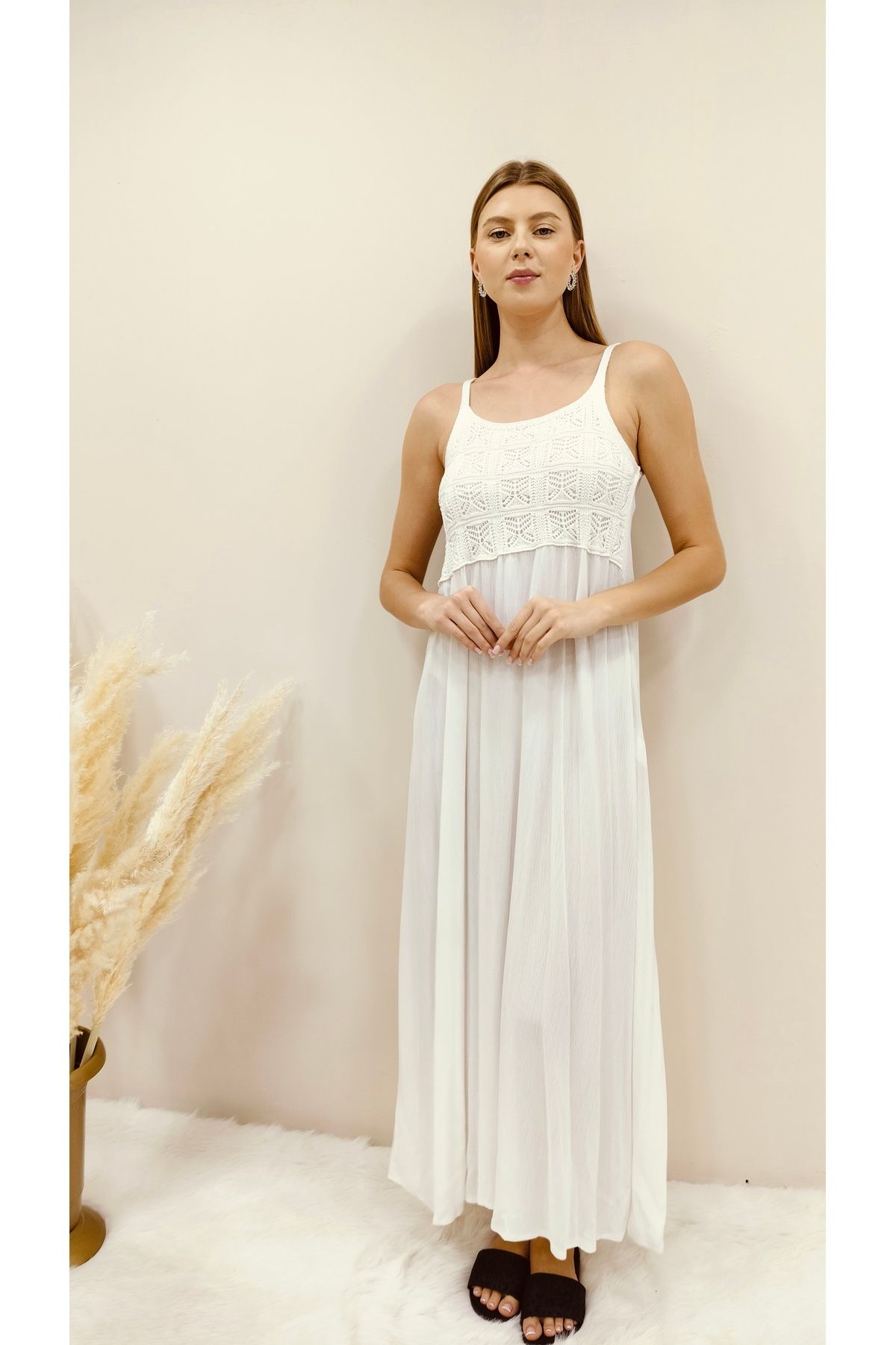 AsprinFashion DANTEL DETAY ASKILI ELBİSE BEYAZ