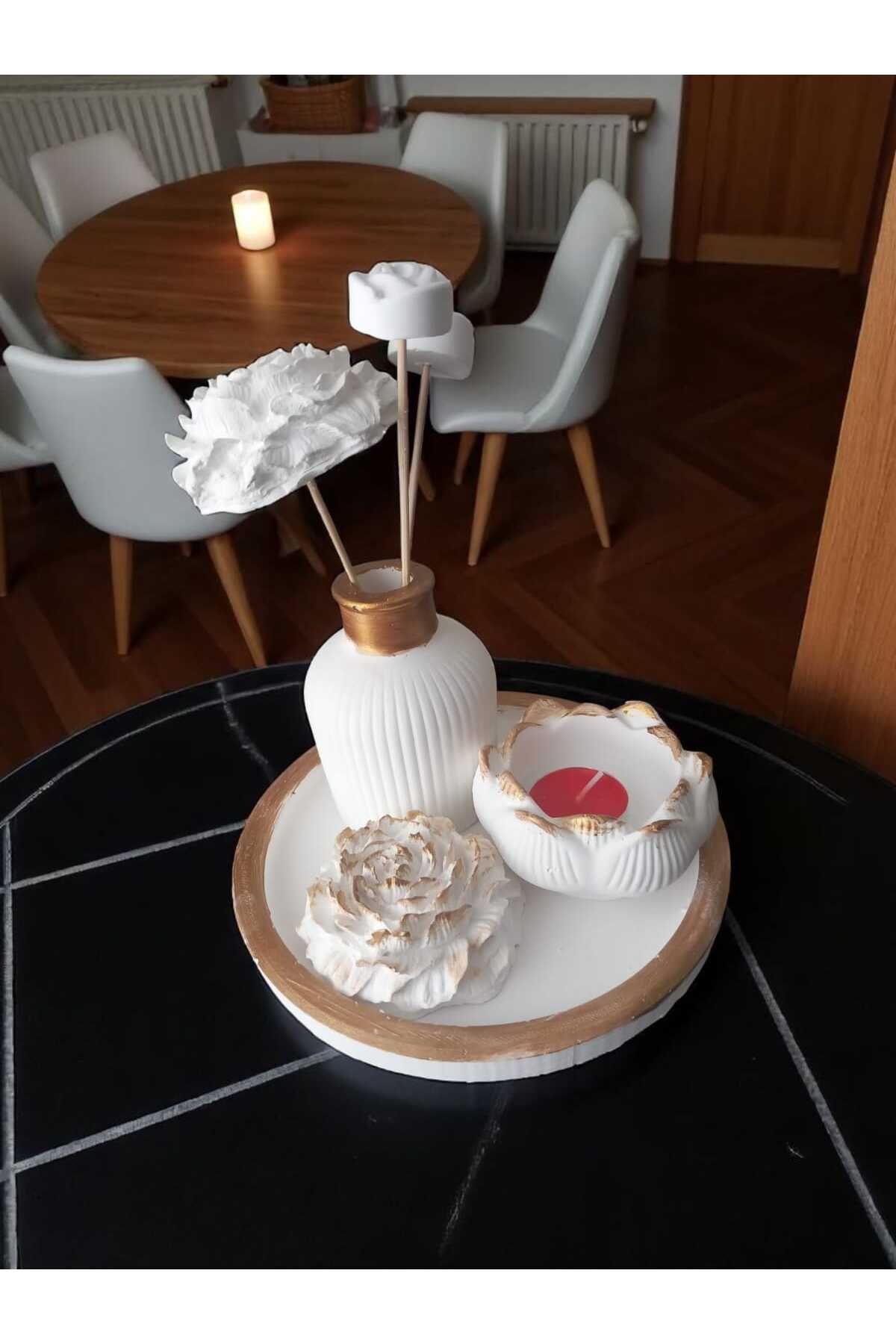 AYŞEM Gold Detaylı Vazo,Şakayık Gülü,Lotus Mumluk Bambulu 3 Adet Çiçek Set