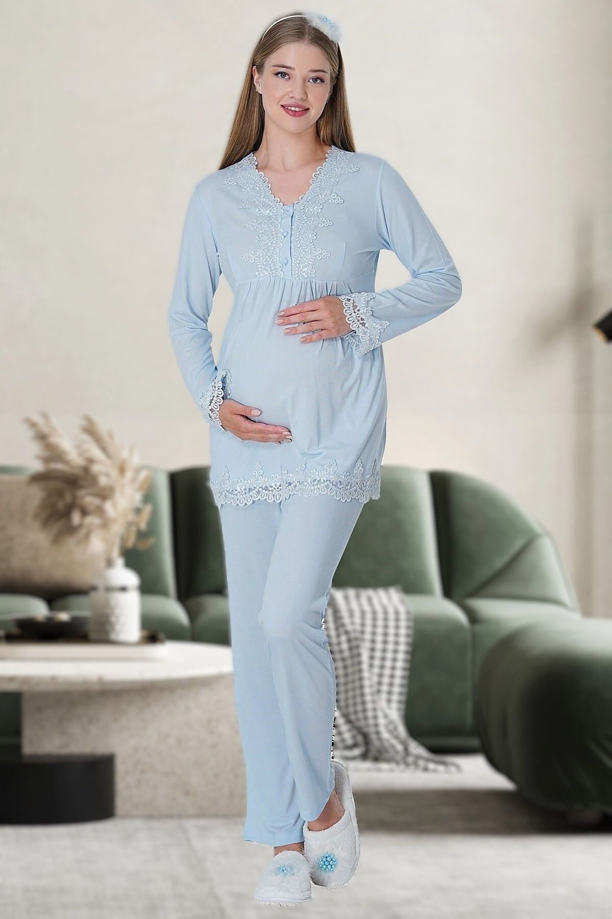 Pelin Kadın Mavi Uzun Kollu Dantel Detaylı Lohusa Hamile Pijama Takımı