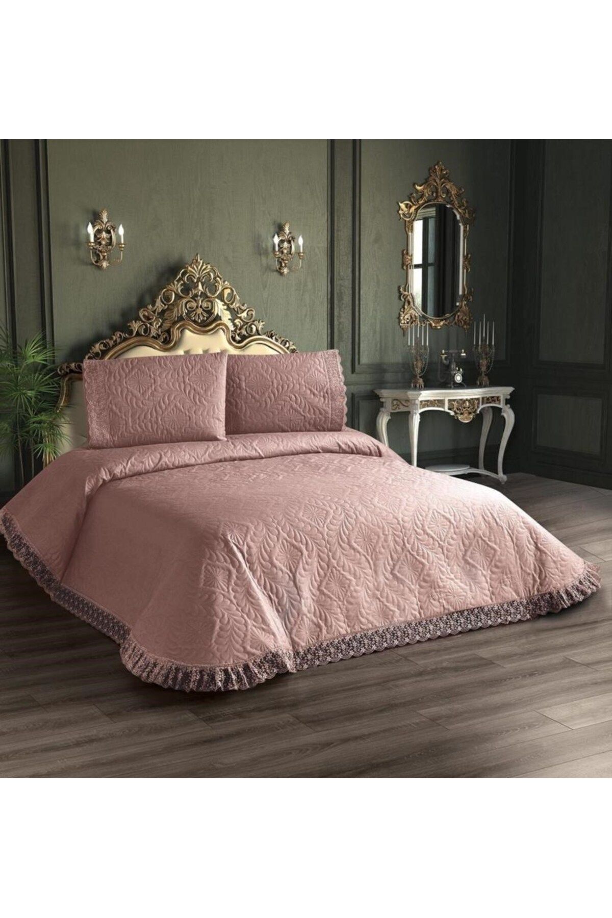 HZR Kapitone Yatak Örtüsü Takımı Çift Kişilik Pudra 1 Yatak Örtüsü 225x250cm + 2 Yastık Kılıfı 60x80cm