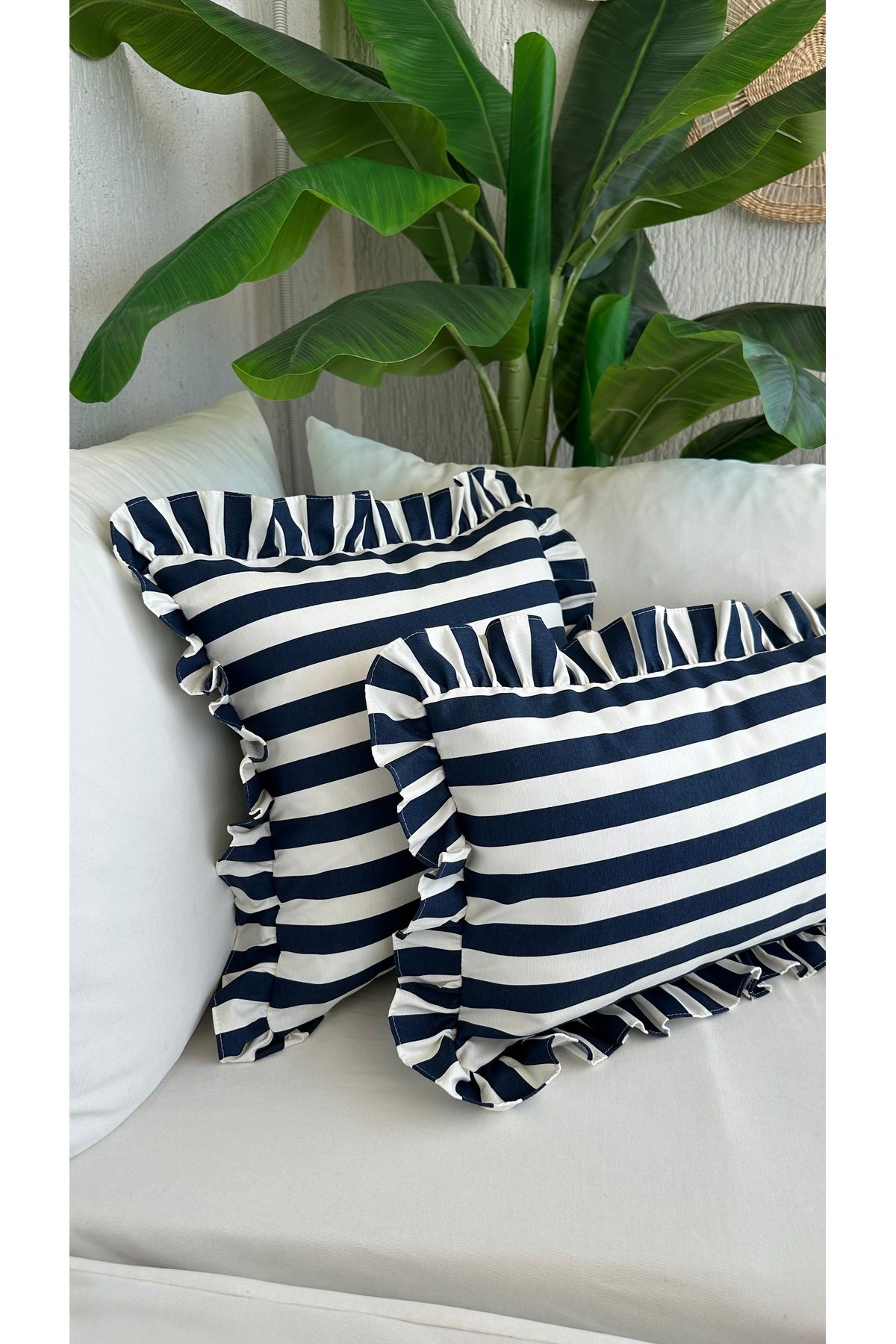 Decamor home Lacivert Marin Çizgili Fırfırlı Kırlent Kılıfı 1 ad