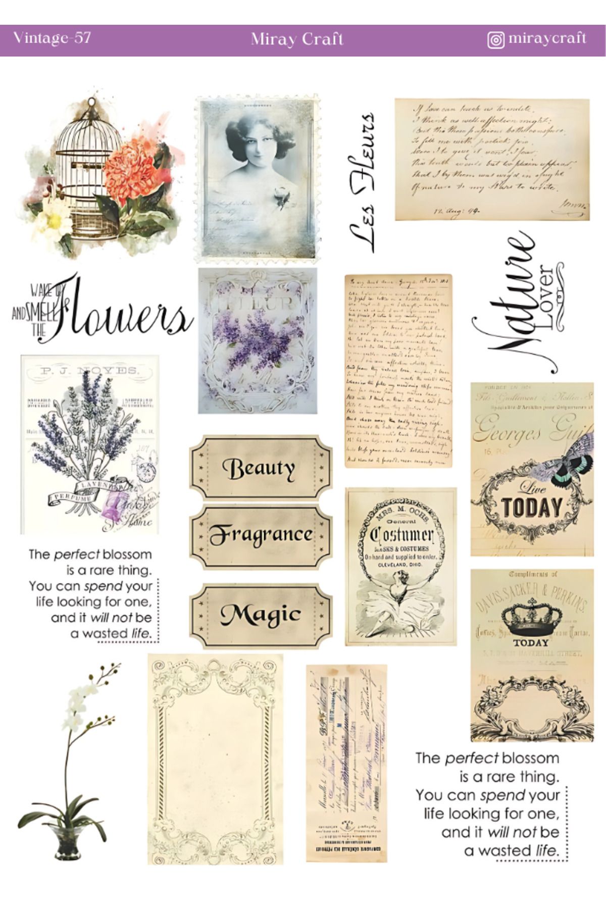MirayDesign 1 Adet Vintage Temalı Sticker (12x17 cm) Bullet Journal, Scrapbook, Ajanda ve Planlayıcı için