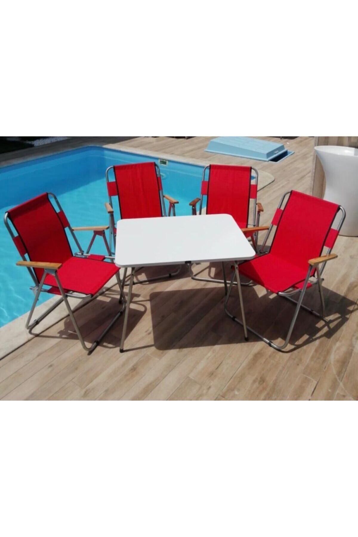 teknotrust Katlanabilir Ahşap Kamp ve Piknik Masa Sandalye Seti, Kırmızı-Beyaz, 4'lü, 60x80