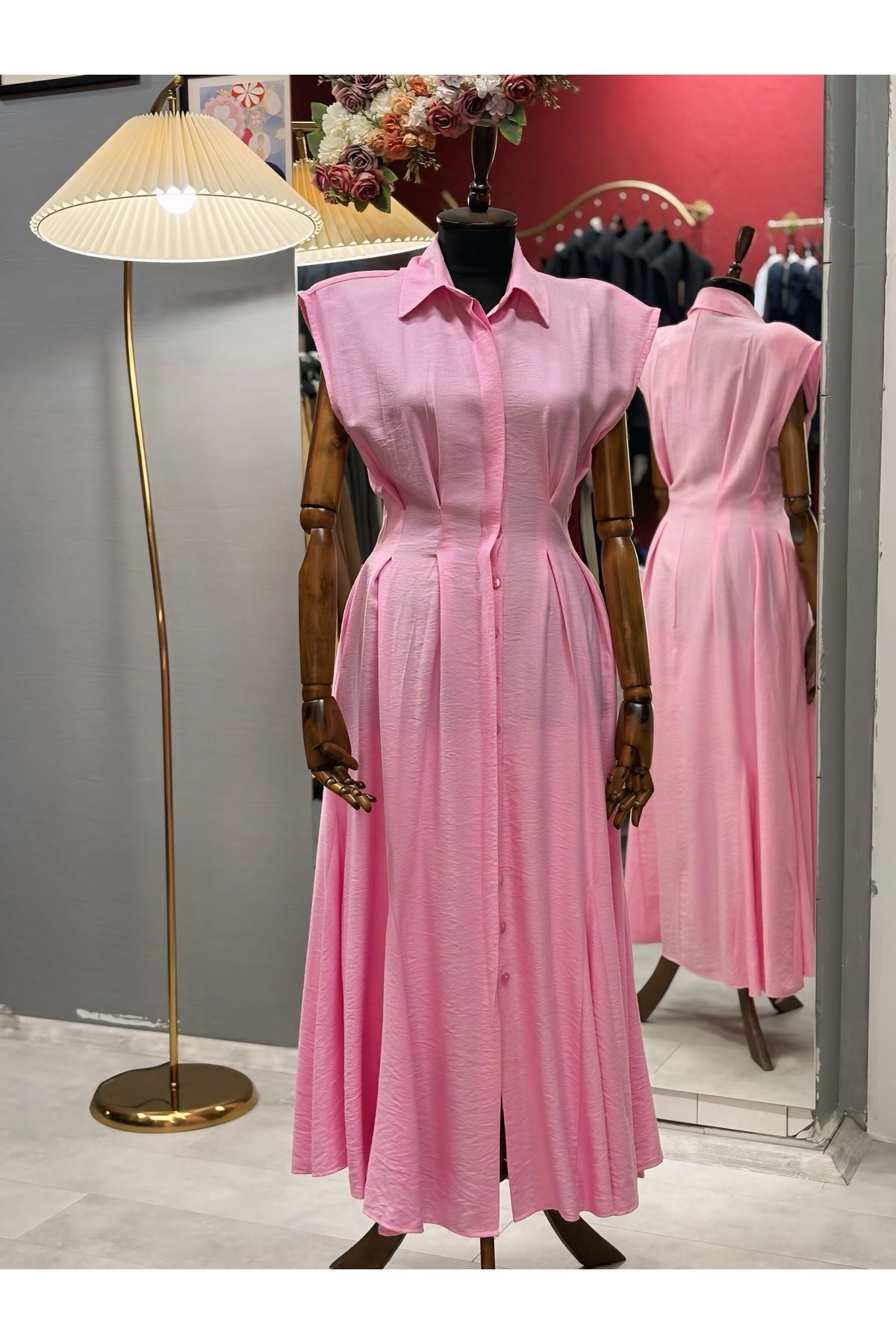SİSU BOUTIQUE Kadın Pembe Düğmeli Kolsuz Gömlek Yaka Kruvaze Elbise