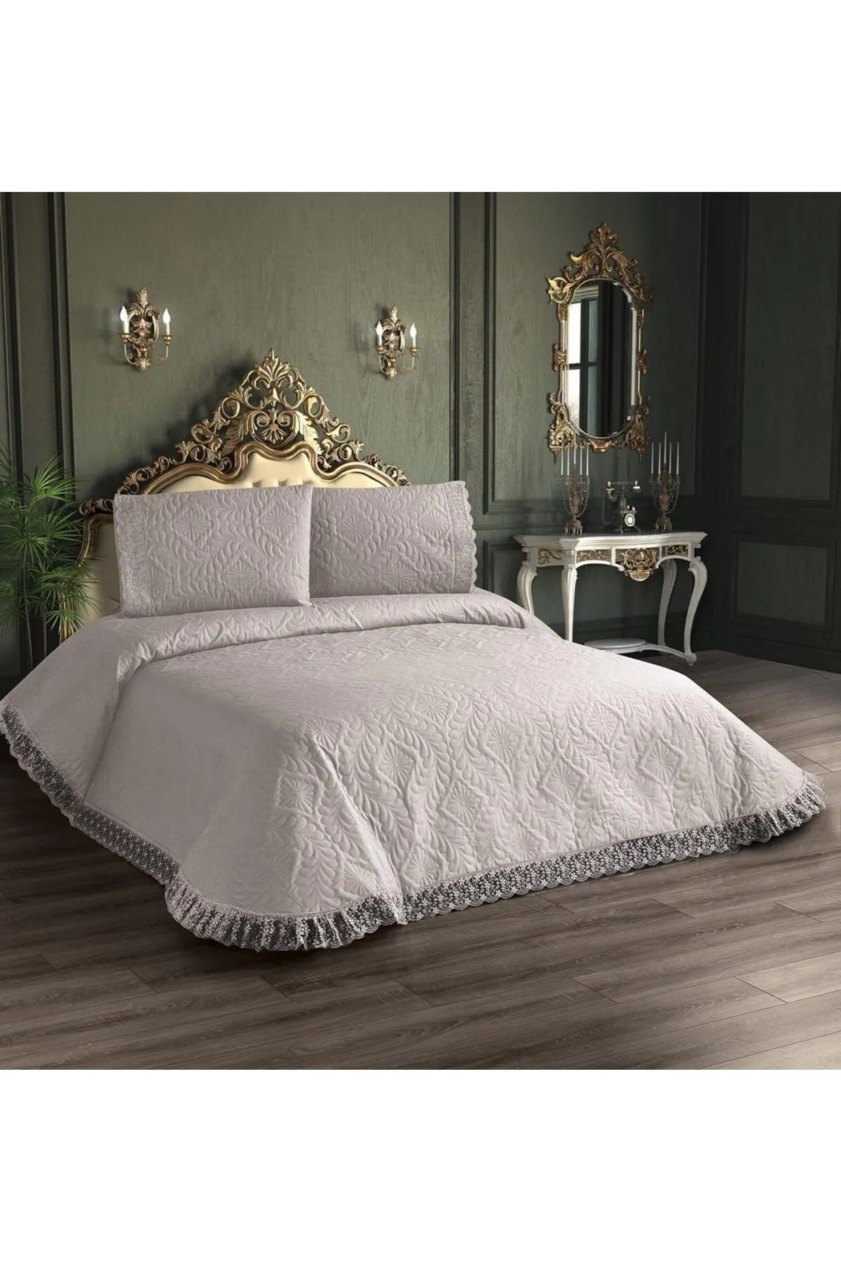 HZR Kapitone Yatak Örtüsü Takımı Çift Kişilik Krem 1 Yatak Örtüsü 225x250cm + 2 Yastık Kılıfı 60x80cm