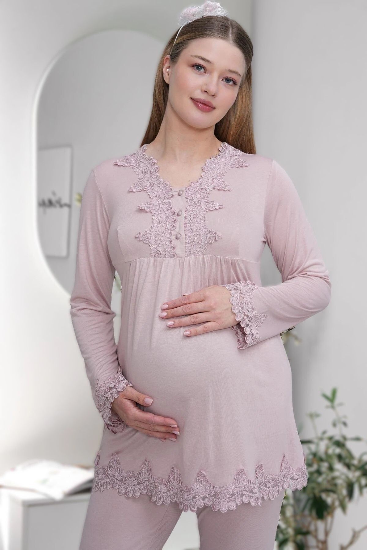 Pelin Kadın Gül Kurusu Uzun Kollu Dantel Detaylı Lohusa Hamile Pijama Takımı