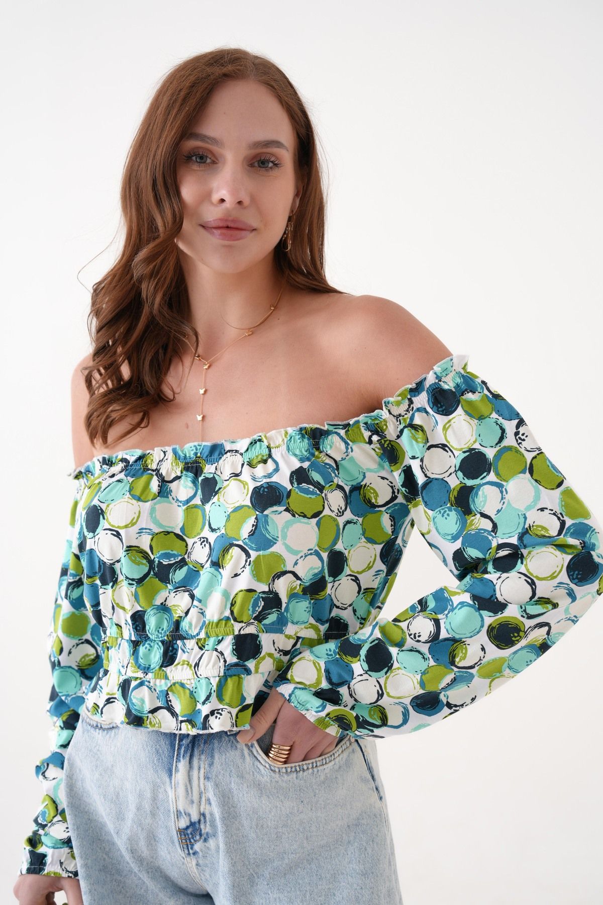 SHEMALL LUXURY Omuzları Açık Lastikli Crop Bluz 1041