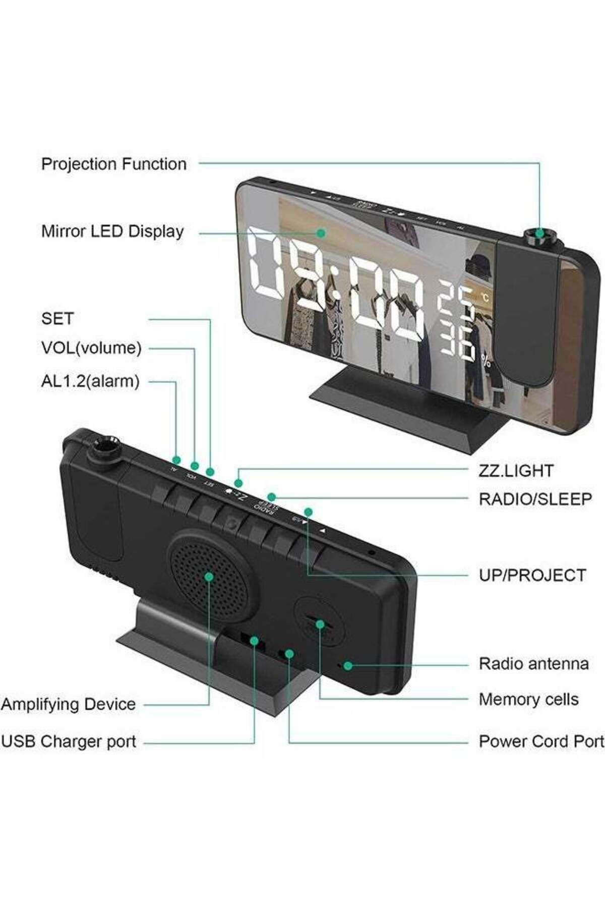 COOYA-Projection Alarm Clock,Radio Digital Alarm Clock, 7.4 Large Mirror LED Display Smart Clock 6