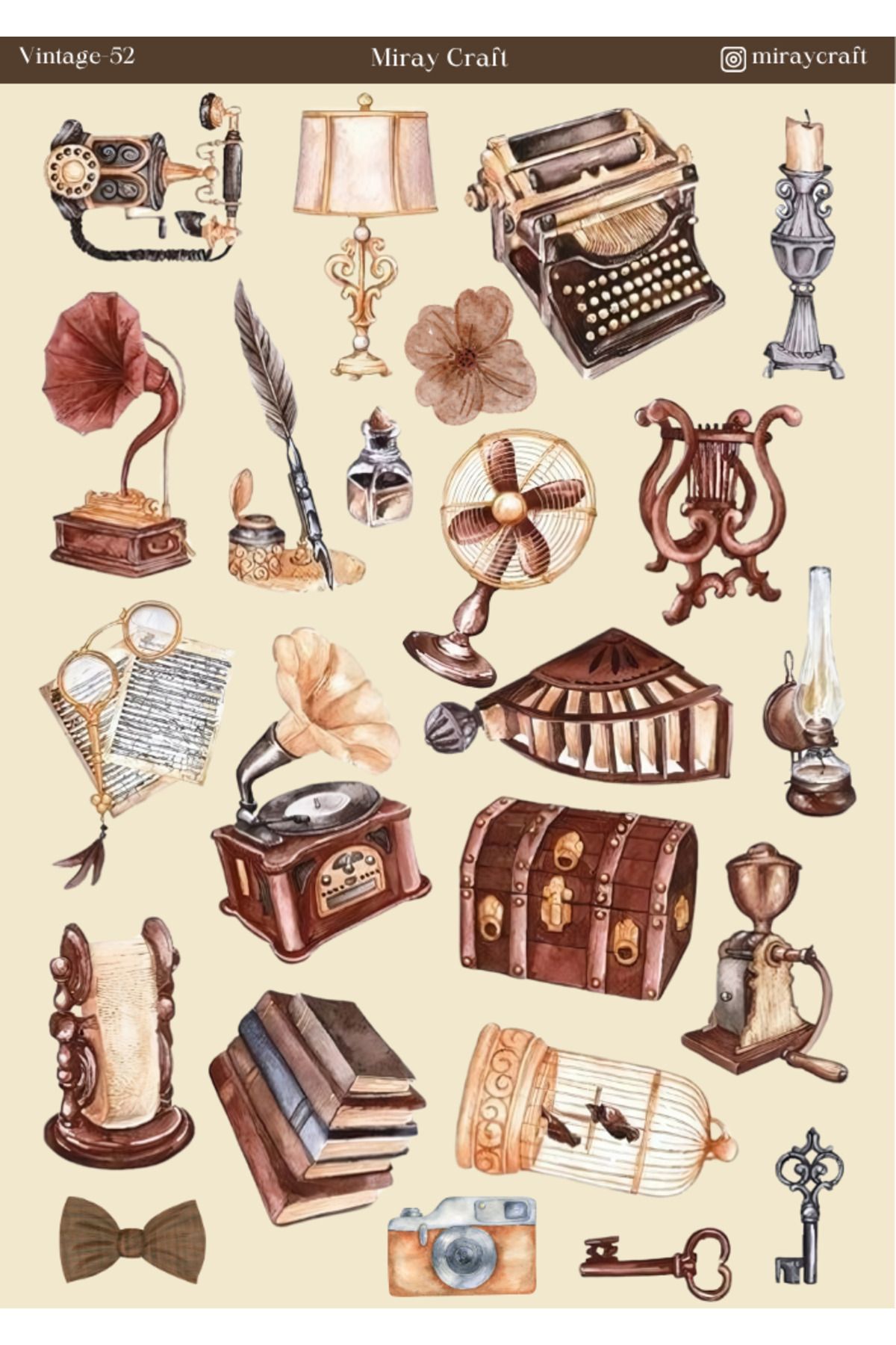 MirayDesign 1 Adet Vintage Temalı Sticker (12x17 cm) Bullet Journal, Scrapbook, Ajanda ve Planlayıcı için