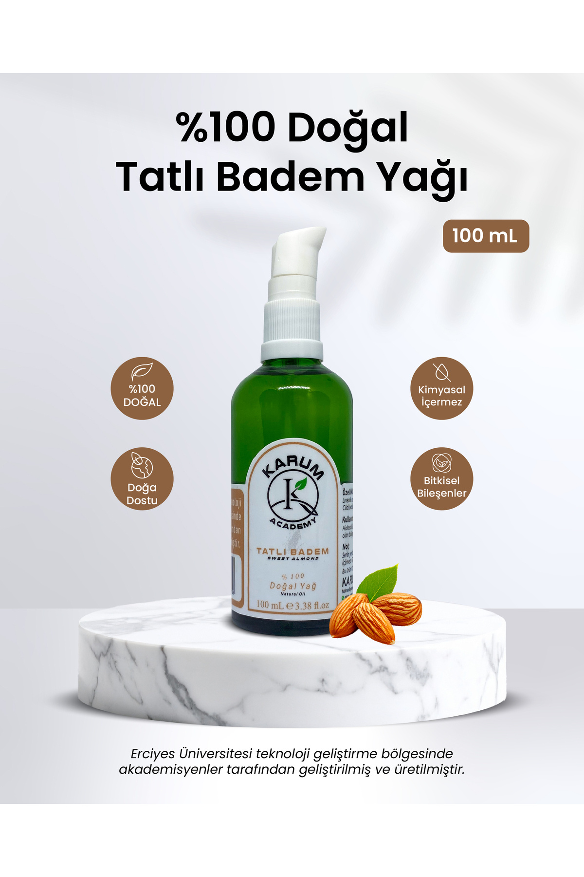 karum academy Tatlı Badem Yağı – %100 Saf, Soğuk Sıkım ve Çok Amaçlı Doğal Bakım Yağı 100ml