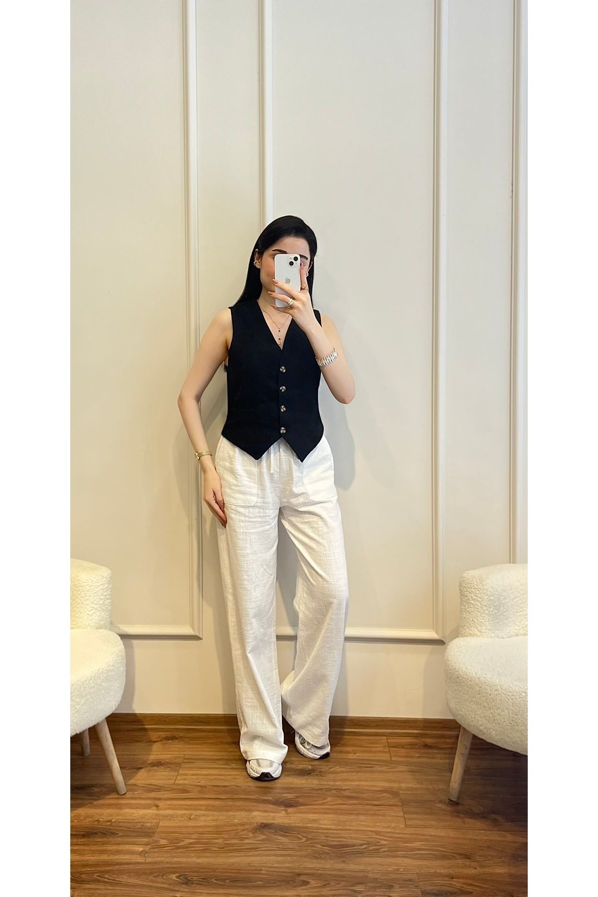 Zims Butik Cep Detaylı Keten Pantolon Beyaz