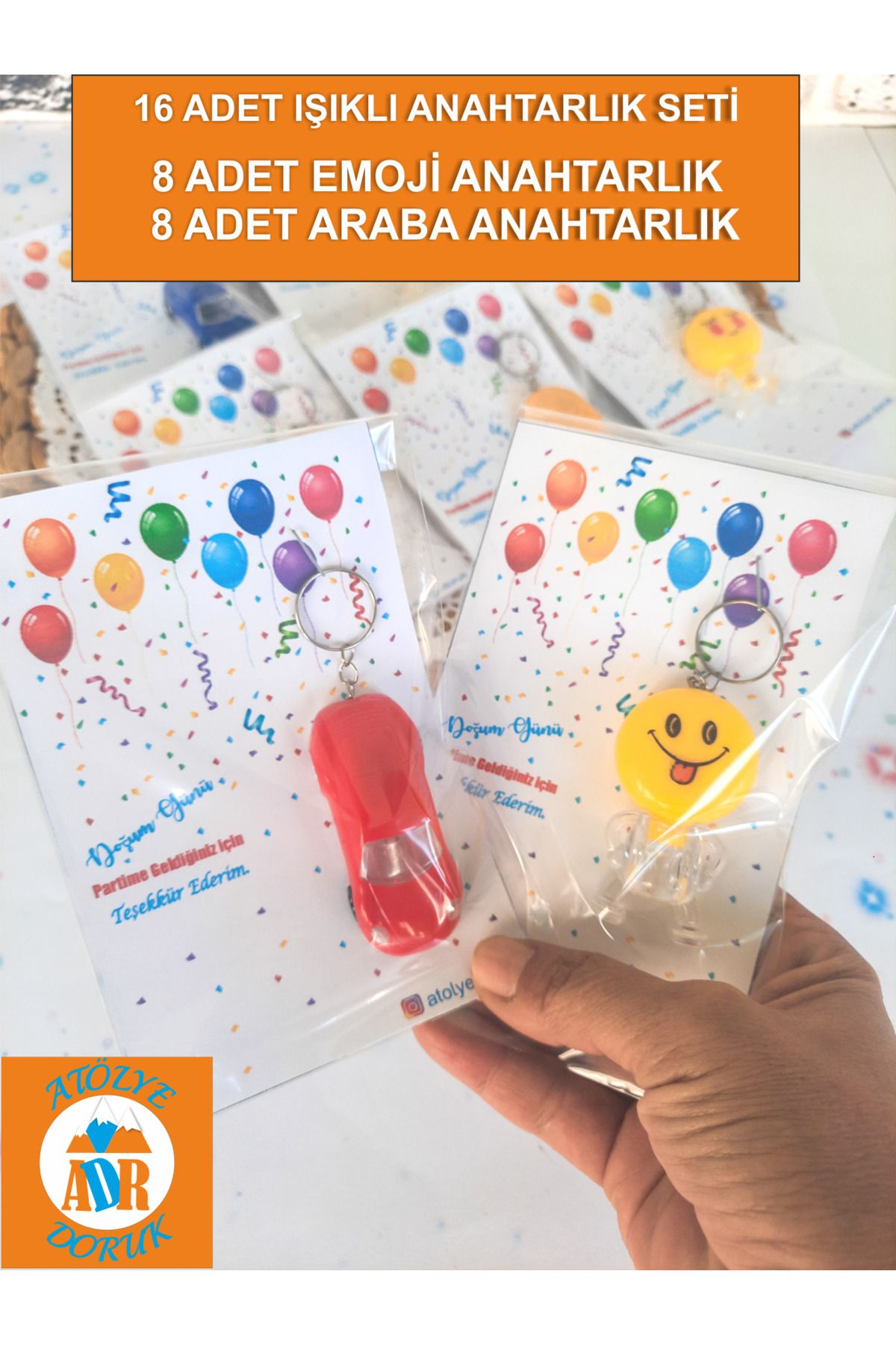 Atolye Doruk 16 Adet (TOPLAM) Doğum Günü Hediyesi Karışık Işıklı Emoji Anahtarlık-Işıklı Araba Anahtarlık