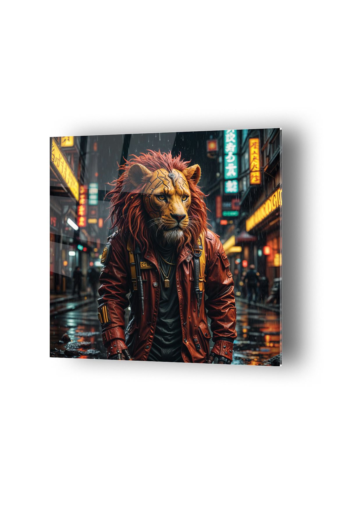no77decor Cyberpunk Kostüm Portre Aslan Temalı Cam Tablo