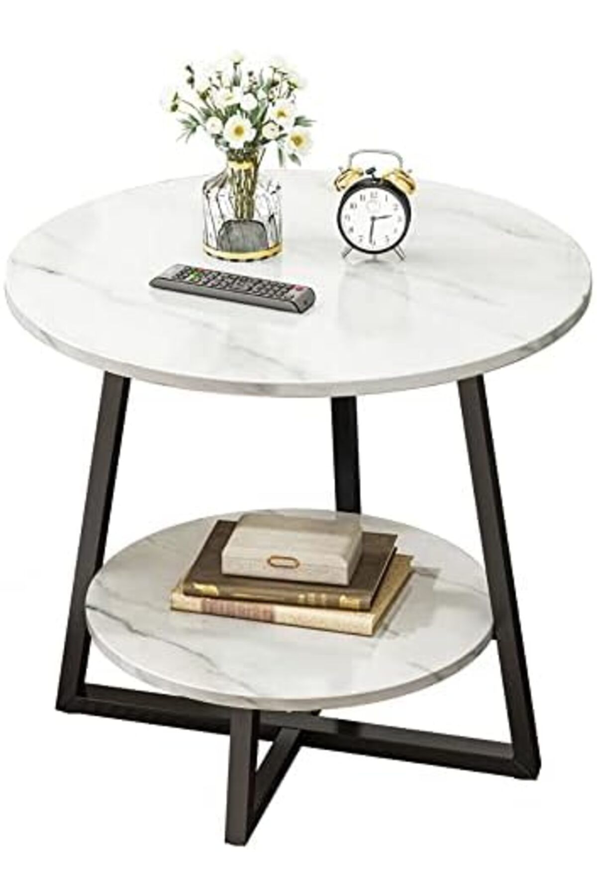 Generic-Round Coffee Table, Double Layer Sofa Side Table End Table, Imitation Marble Coffee Round Table Snac 1