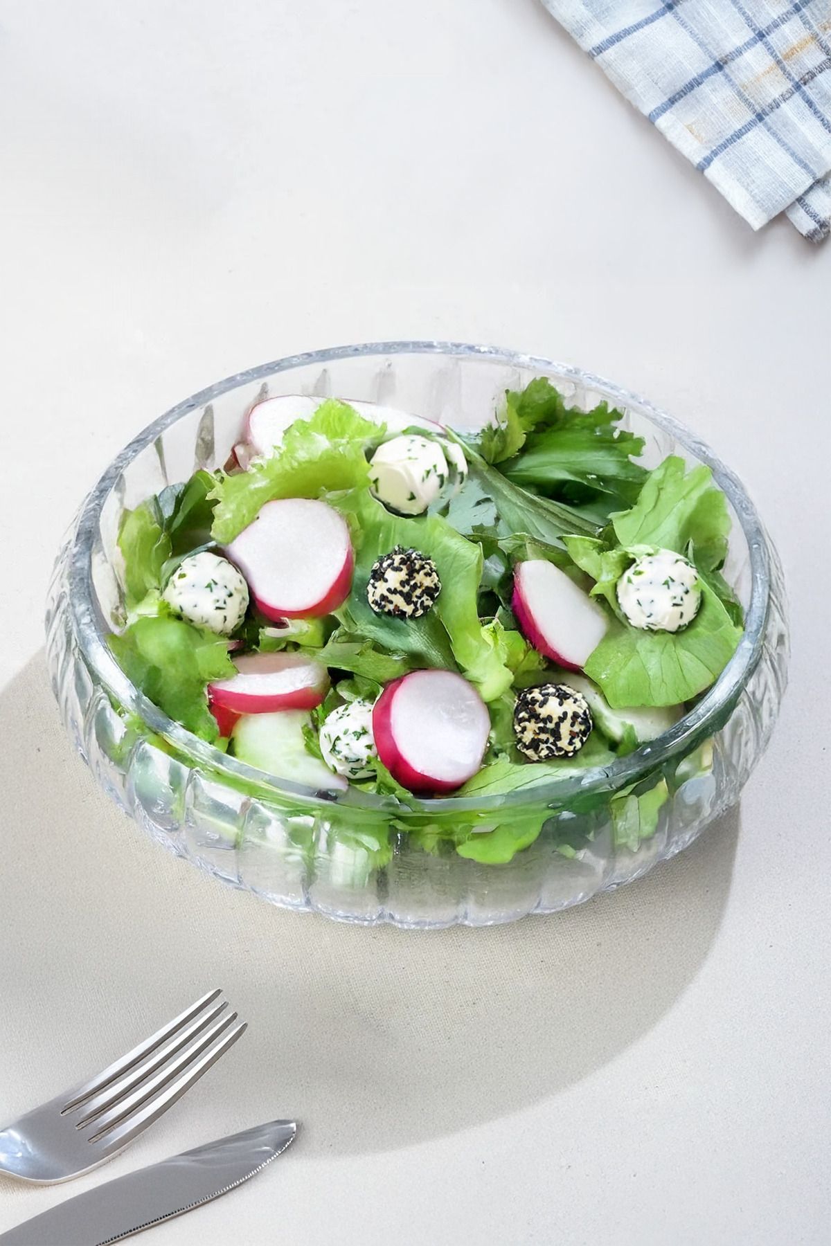 NESS HOME Handmade El Yapımı Çizgili Büyük Boy Cam Salata Kasesi 24 cm