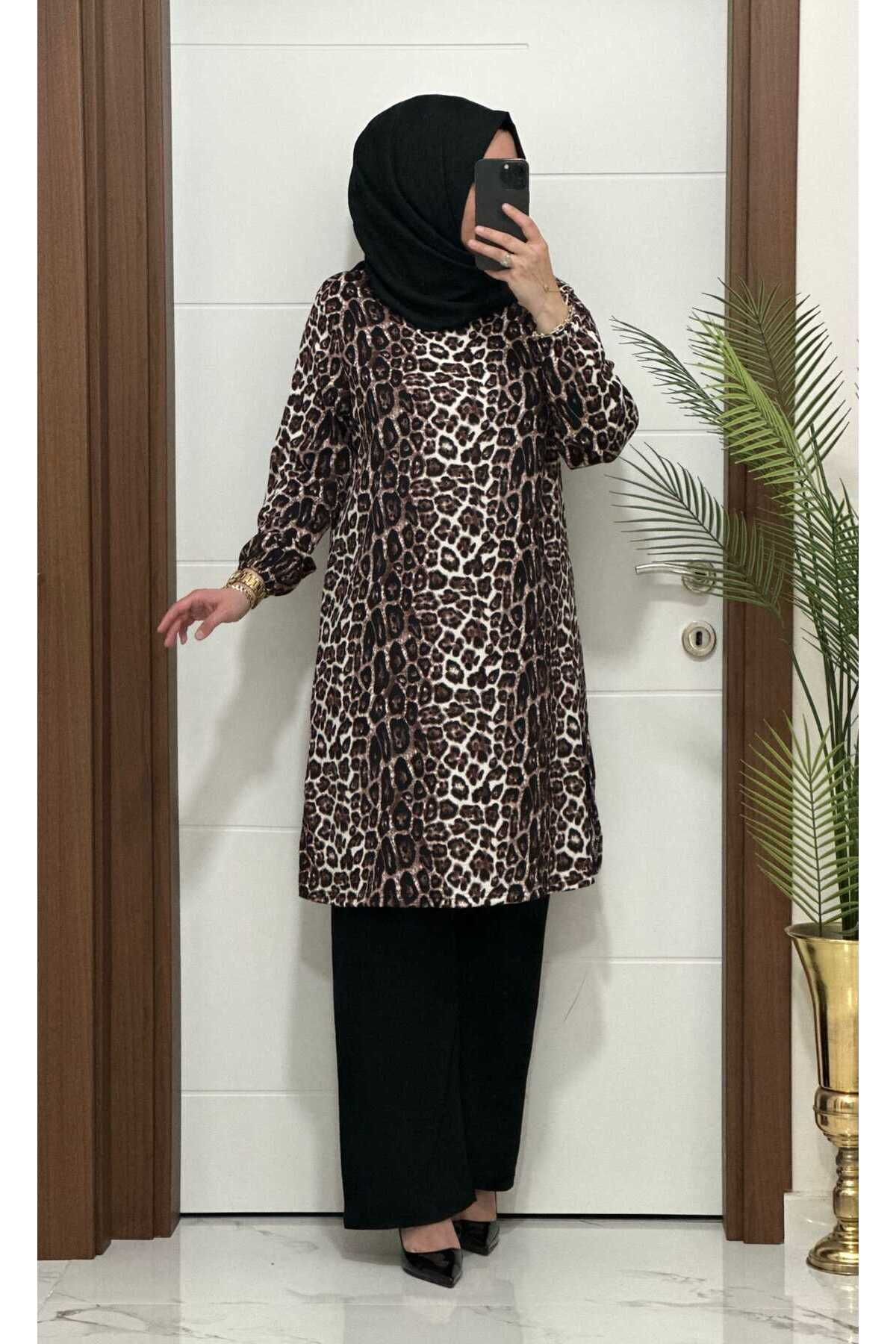 modasura 6622 K 60 leopar desen kahverengi TUNİK PANTOLON TAKIM bürümcük kumaş Büyük beden yeni sezon
