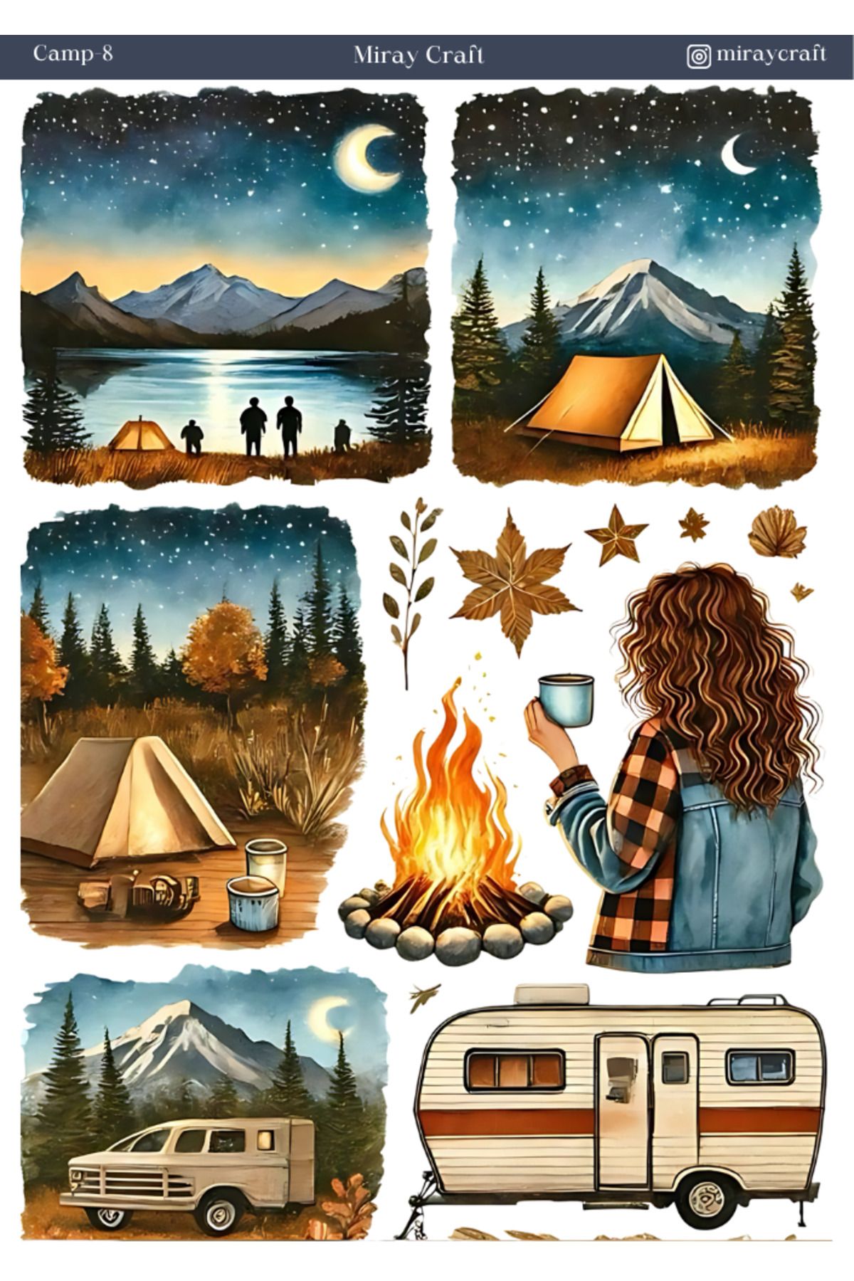 MirayDesign 1 Adet Kamp Temalı Sticker (12x17 cm) Bullet Journal, Scrapbook, Ajanda ve Planlayıcı İçin