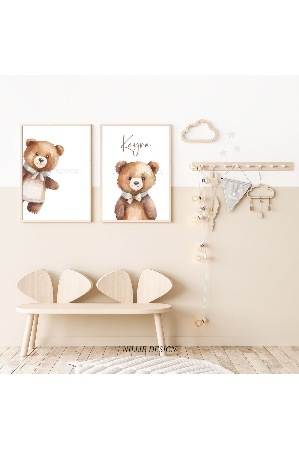 NILLIE DESIGN Kahverengi Ayıcıklı 2'li İsimli Tablo, Doğal Ahşap Çerçeveli Bebek ve Çocuk Odası Tablo Seti
