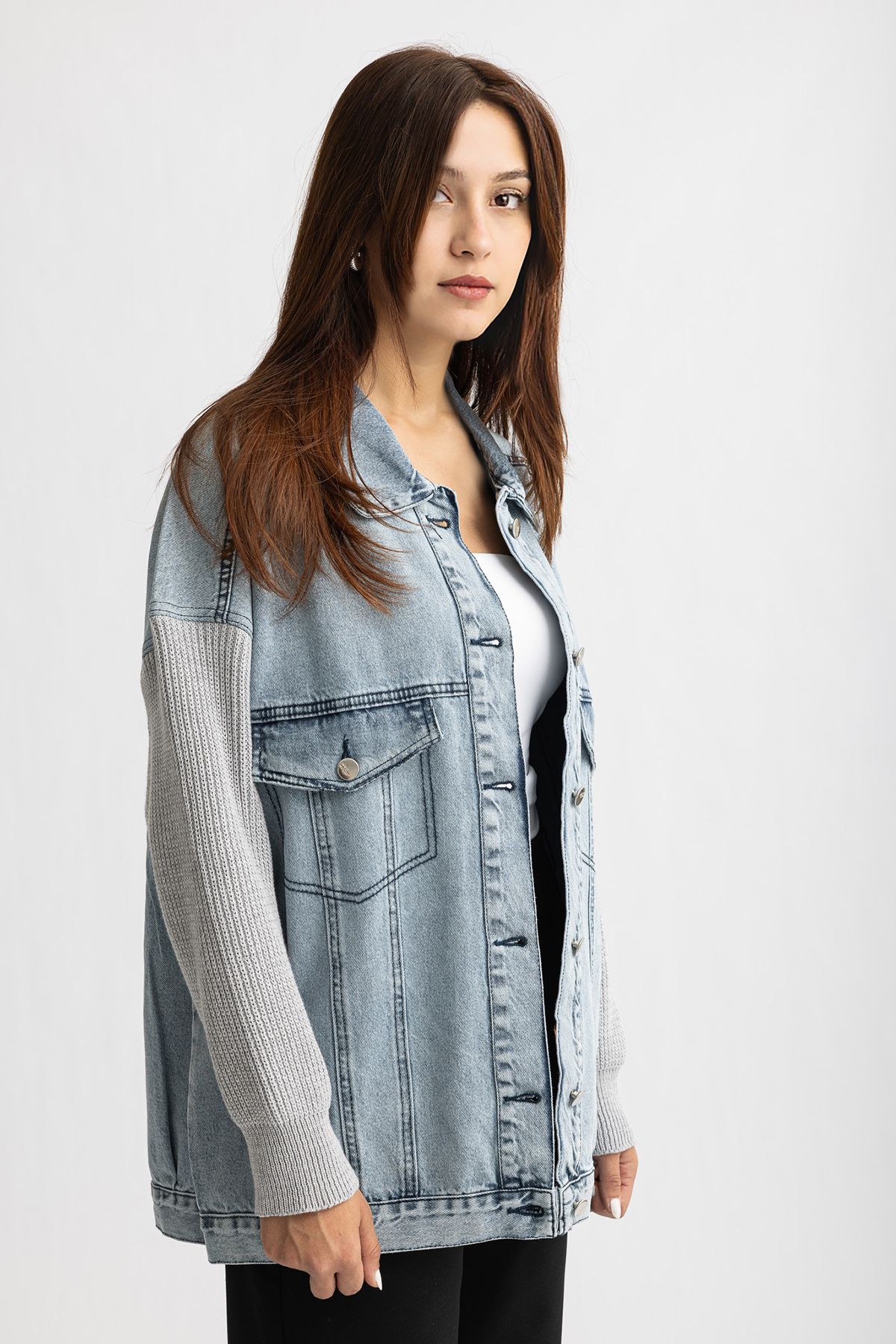 Suede Style 9289 - Kollar Triko Detaylı Rahat Şık Kadın Kot Ceket
